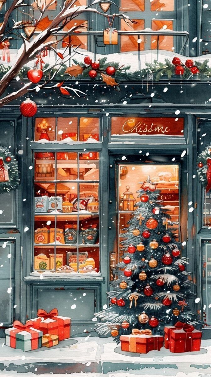 Christmas Art, Holiday Store, Gifts, Snowy Winter, AI-Generated Backgrounds, Mobile