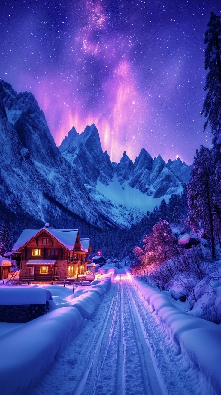 Mountain Landscape, Snowy Road, Aurora Borealis, Village, Phone Wallpapers, Background Photos, PixelShares.com