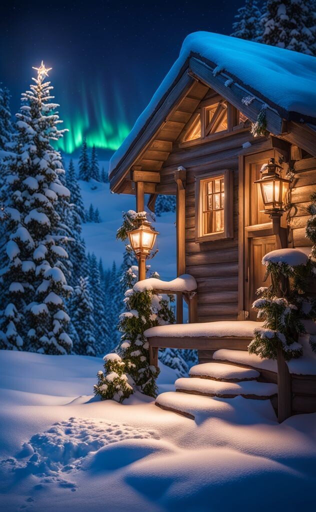 Christmas Hut, Snowy Cottage, Northern Lights Wallpaper, PixelShares.com, Mobile Image, AI-Art, Holiday Season