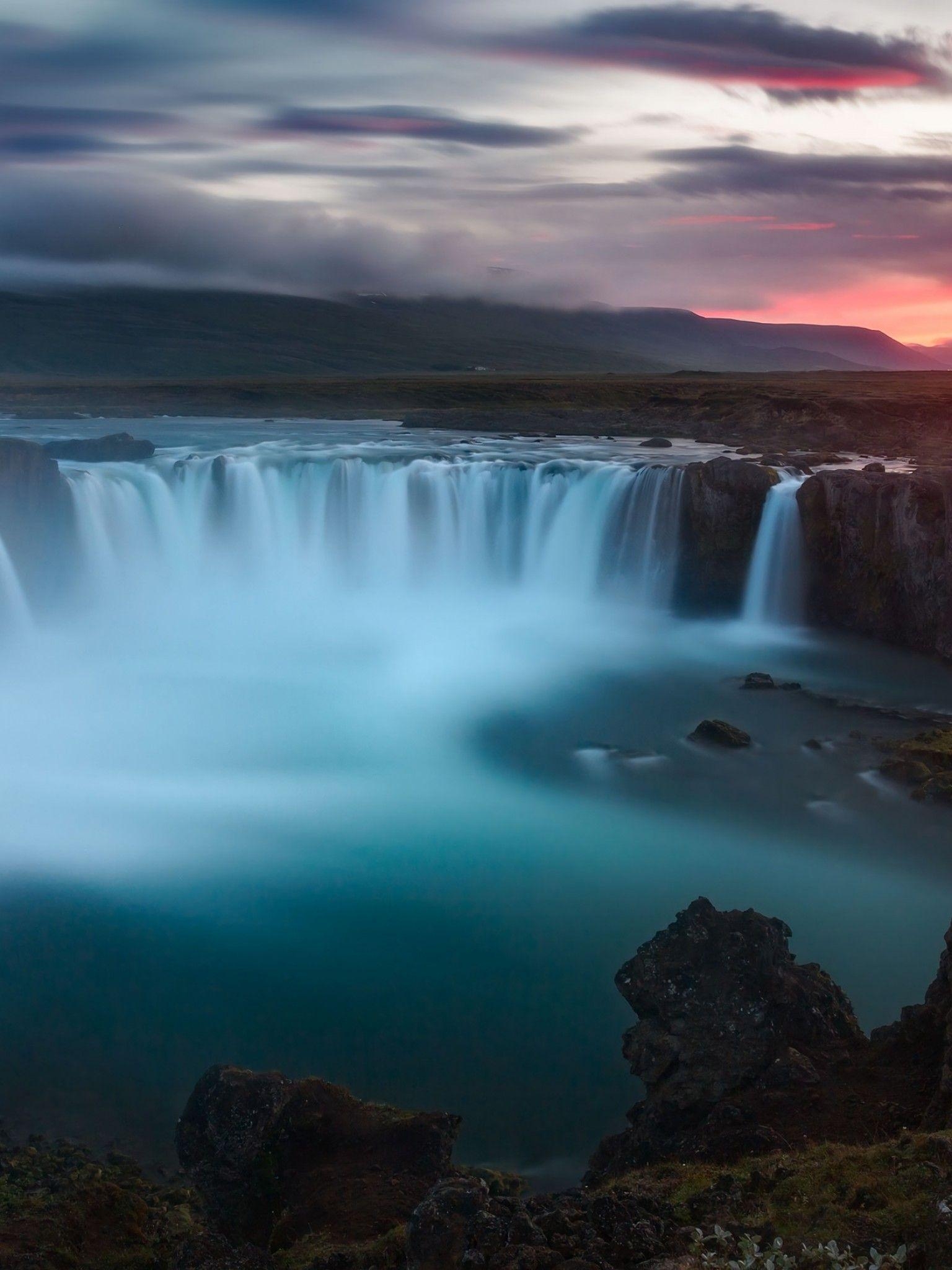 1540x2050 Download  Godafoss Waterfall, Iceland, Sunset, Hills, River, Phone