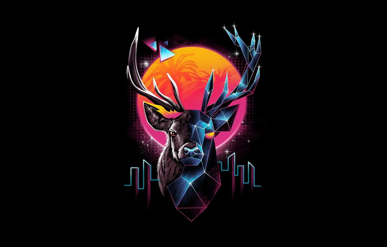 1340x850 Wallpaper The sun, Minimalism, Star, Style, Deer, Background, Horns, Star, Art, Art, Sun, Style, Neon, Background, Illustration, Animal image for desktop, section минимализм, Desktop