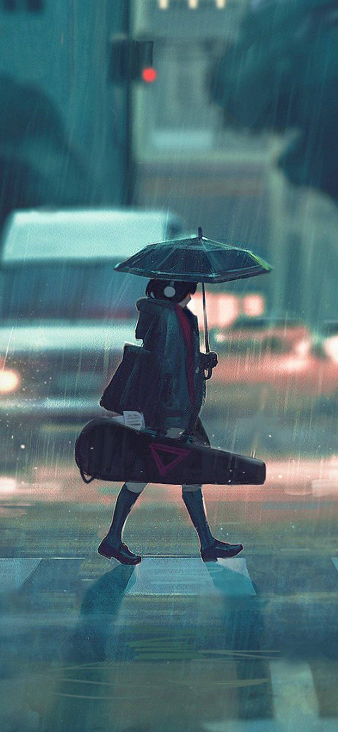 1130x2440 rainy day anime paint girl iPhone X Wallpaper Free Download, Phone