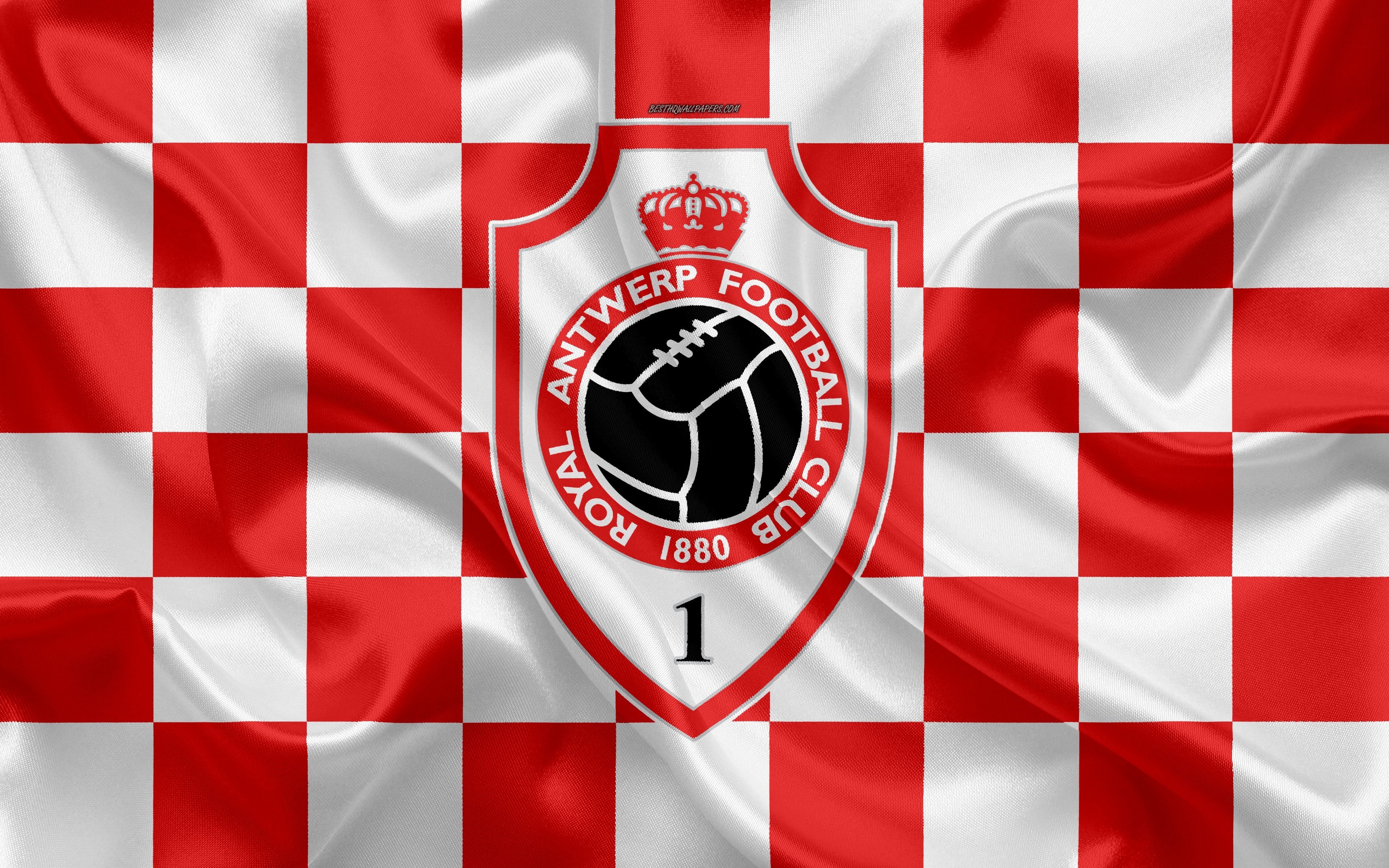 3840x2400 Download wallpaper Royal Antwerp FC, 4k, logo, creative art, white, red checkered flag, Belgian football club, Jupiler Pro League, Belgian First Division A, emblem, silk texture, Antwerp, Belgium, football for desktop with, Desktop