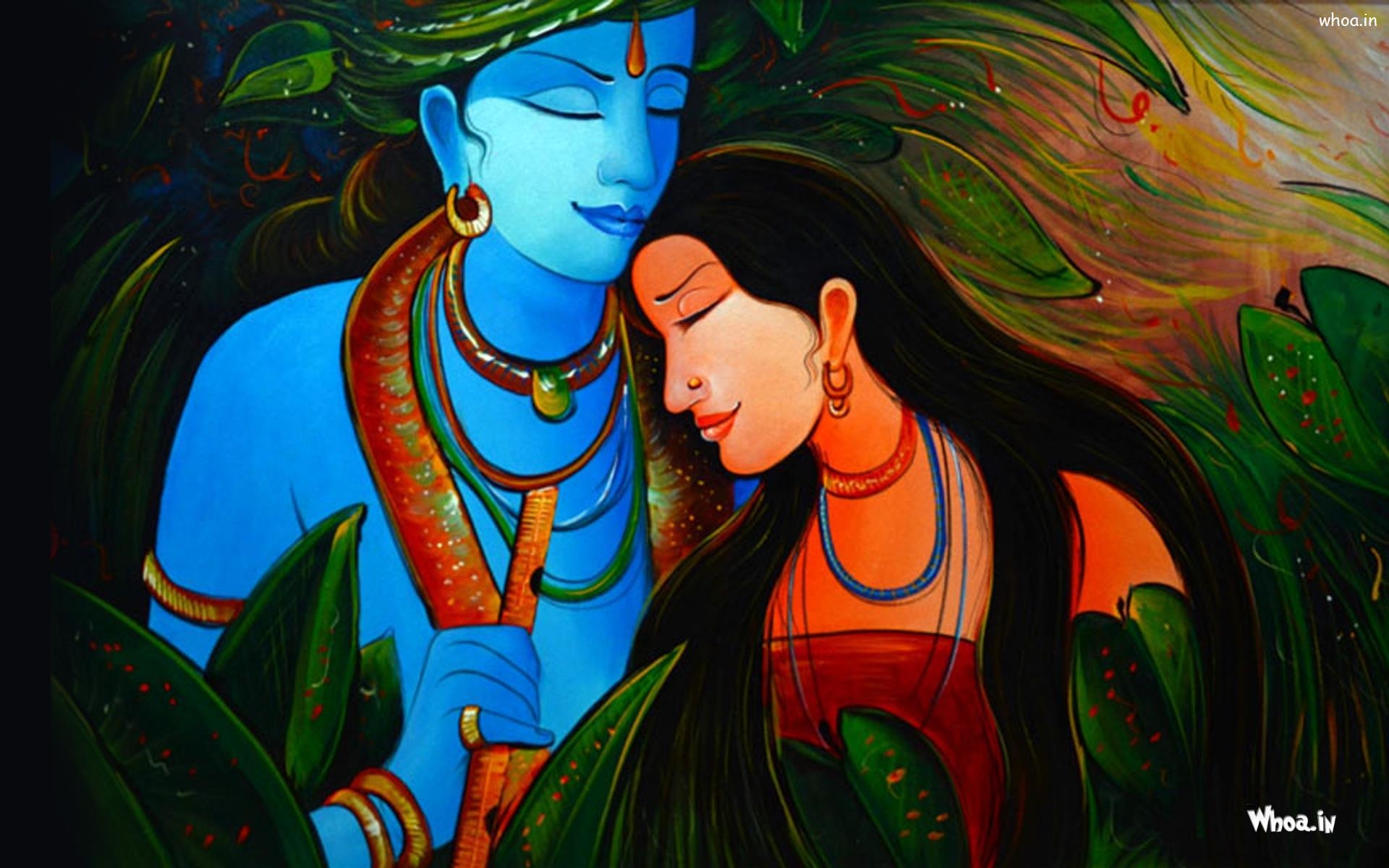 1920x1200 Romantic Love Painting Radha Krishna With Green Background Image, Desktop