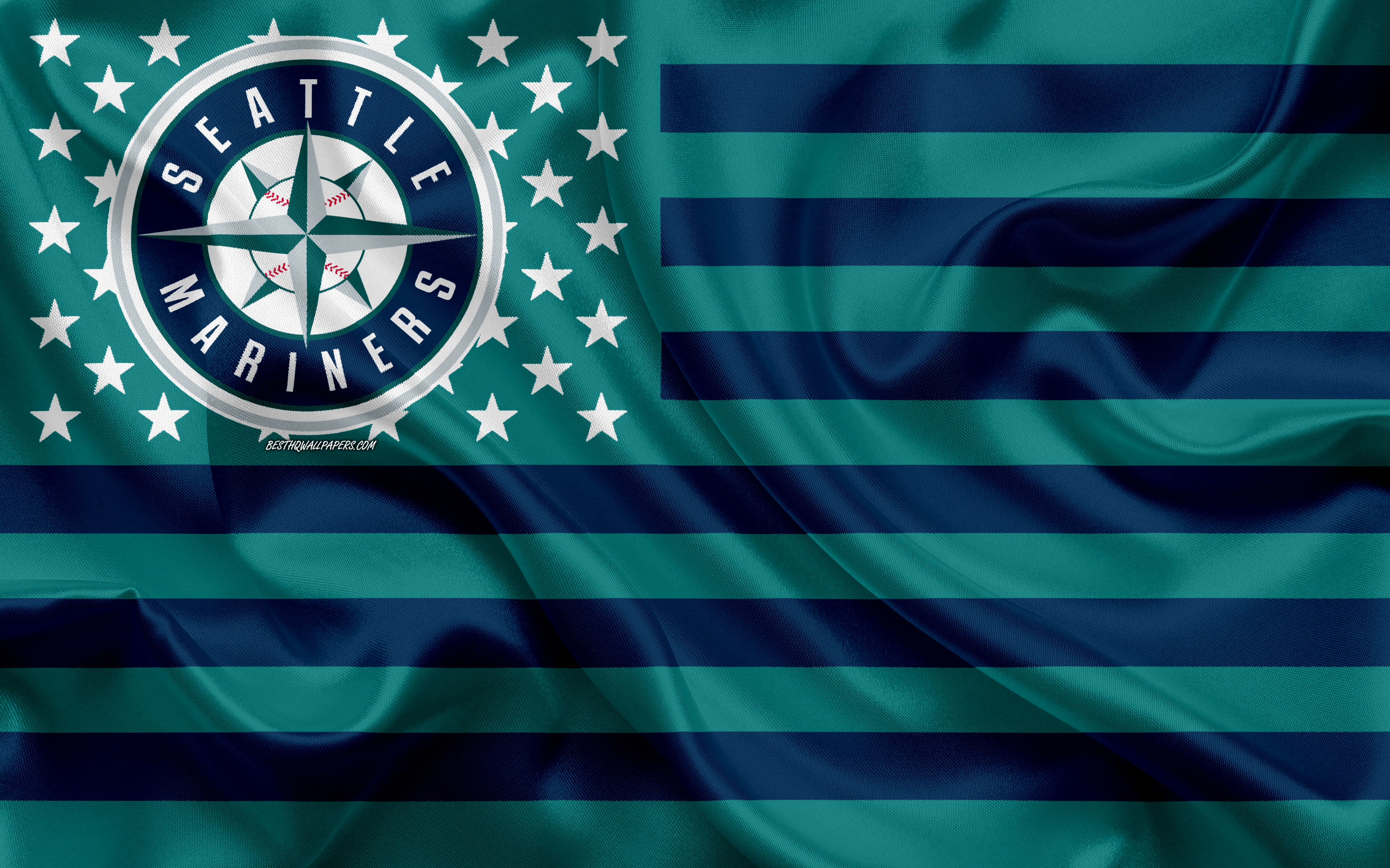 3840x2400 Download wallpaper Seattle Mariners, American baseball club, American creative flag, turquoise blue flag, MLB, Seattle, Washington, USA, logo, emblem, Major League Baseball, silk flag, baseball for desktop with resolution. High Quality, Desktop