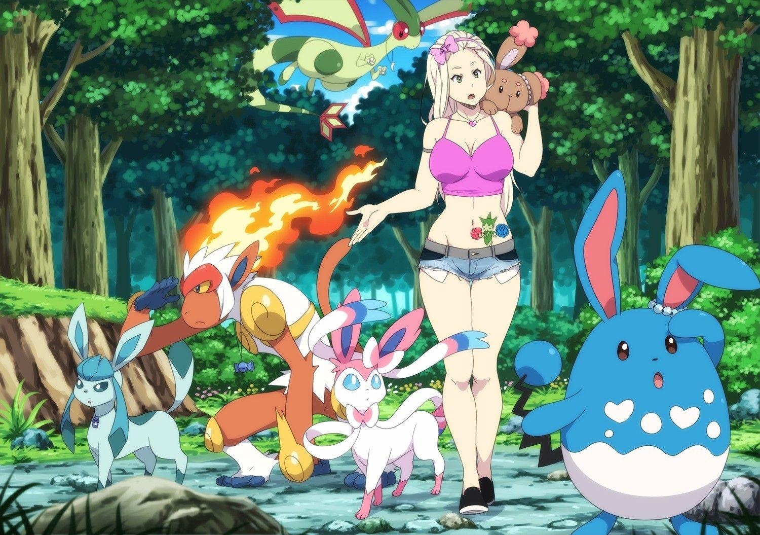 1500x1060 pokemon, green eyes, Flygon, anime, shorts, anime girls, Azumarill, Desktop