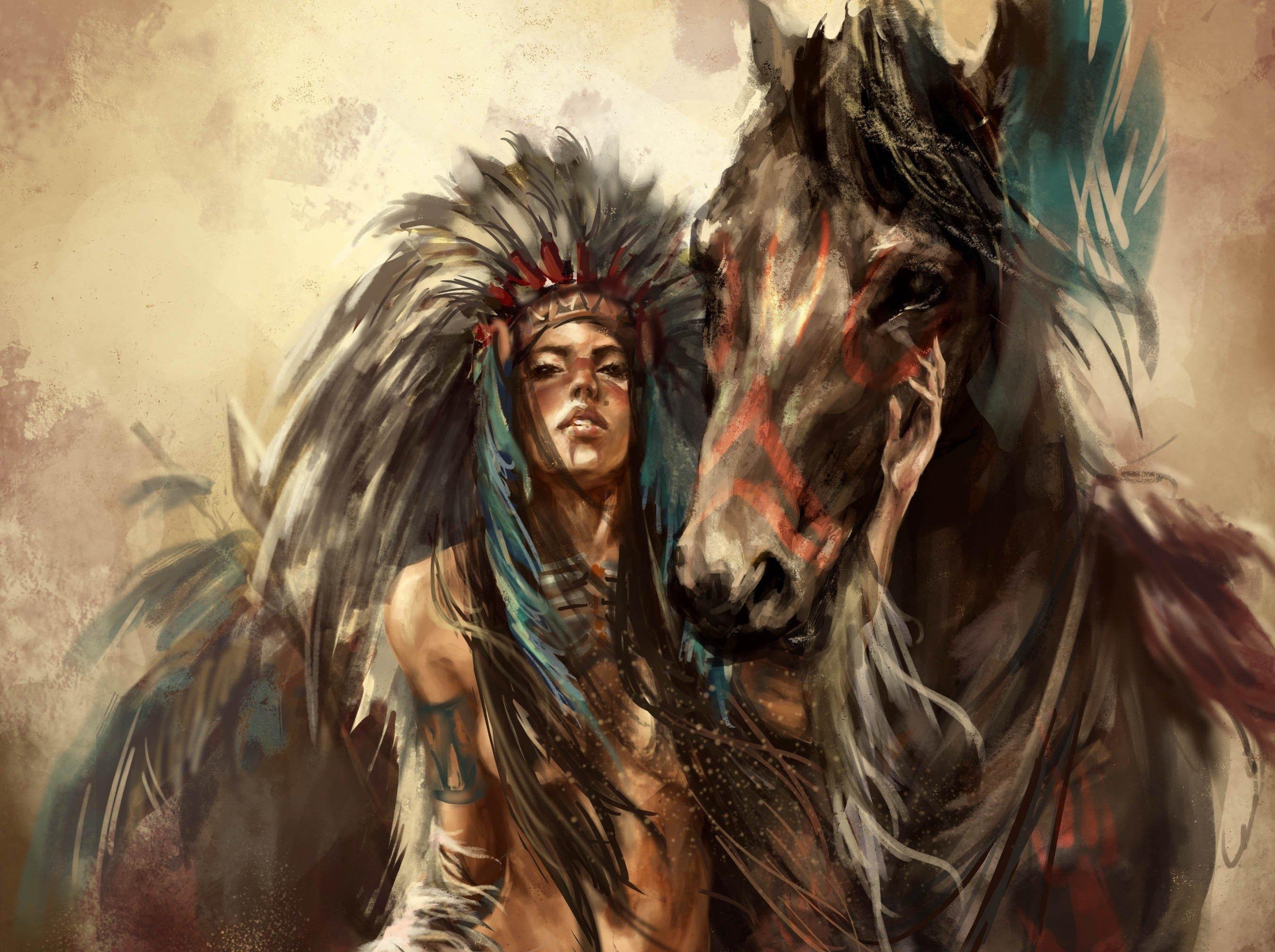 2700x2020 girl, Horse, Feathers, Art, Native, American, Babe, , Painting, Desktop