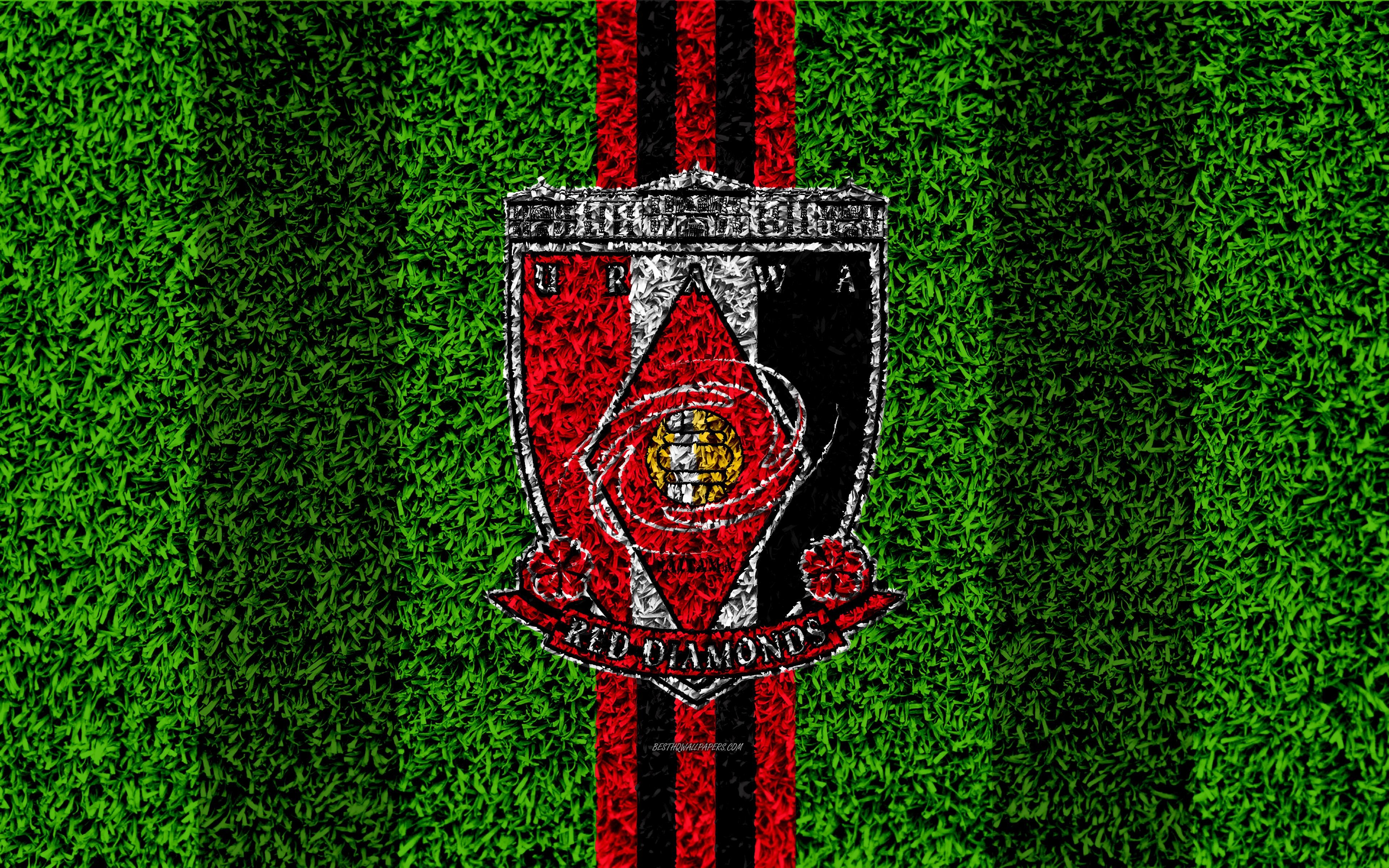 3840x2400 Download wallpaper Urawa Red Diamonds FC, 4k, logo, football lawn, Desktop