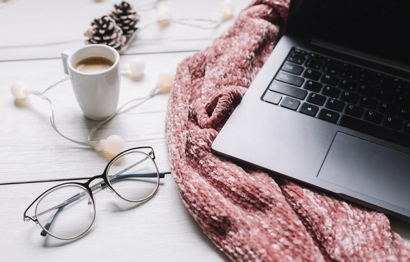 1340x850 Photo Wallpaper Winter, Scarf, Glasses, Laptop, Winter, Cup Mac Laptop, Desktop