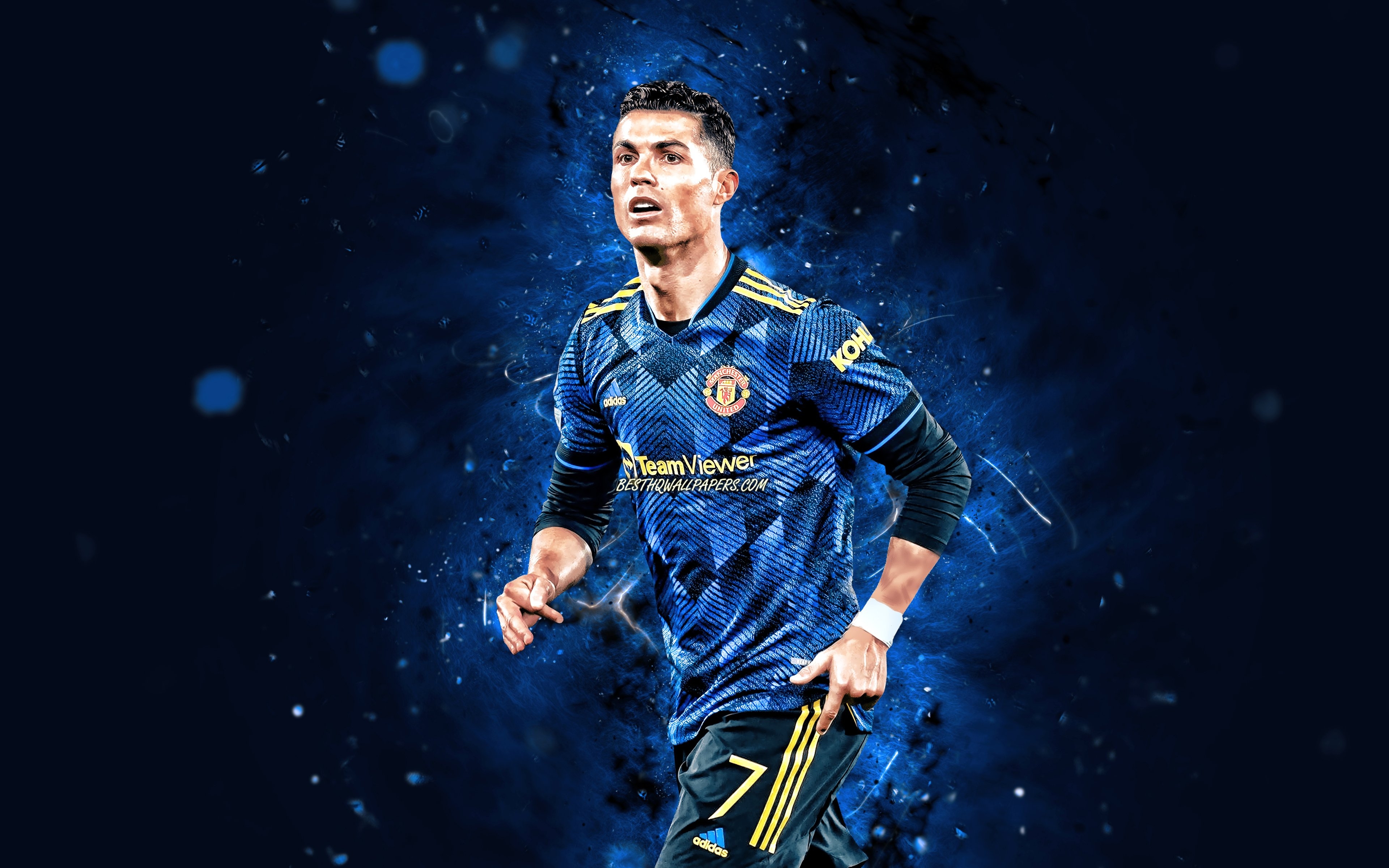 3840x2400 Download wallpaper 4k, Cristiano Ronaldo, blue uniform, Manchester United, football stars, CR Manchester United FC, blue neon lights, Cristiano Ronaldo 4K, Cristiano Ronaldo Manchester United, CR7 Man United for desktop with resolution, Desktop