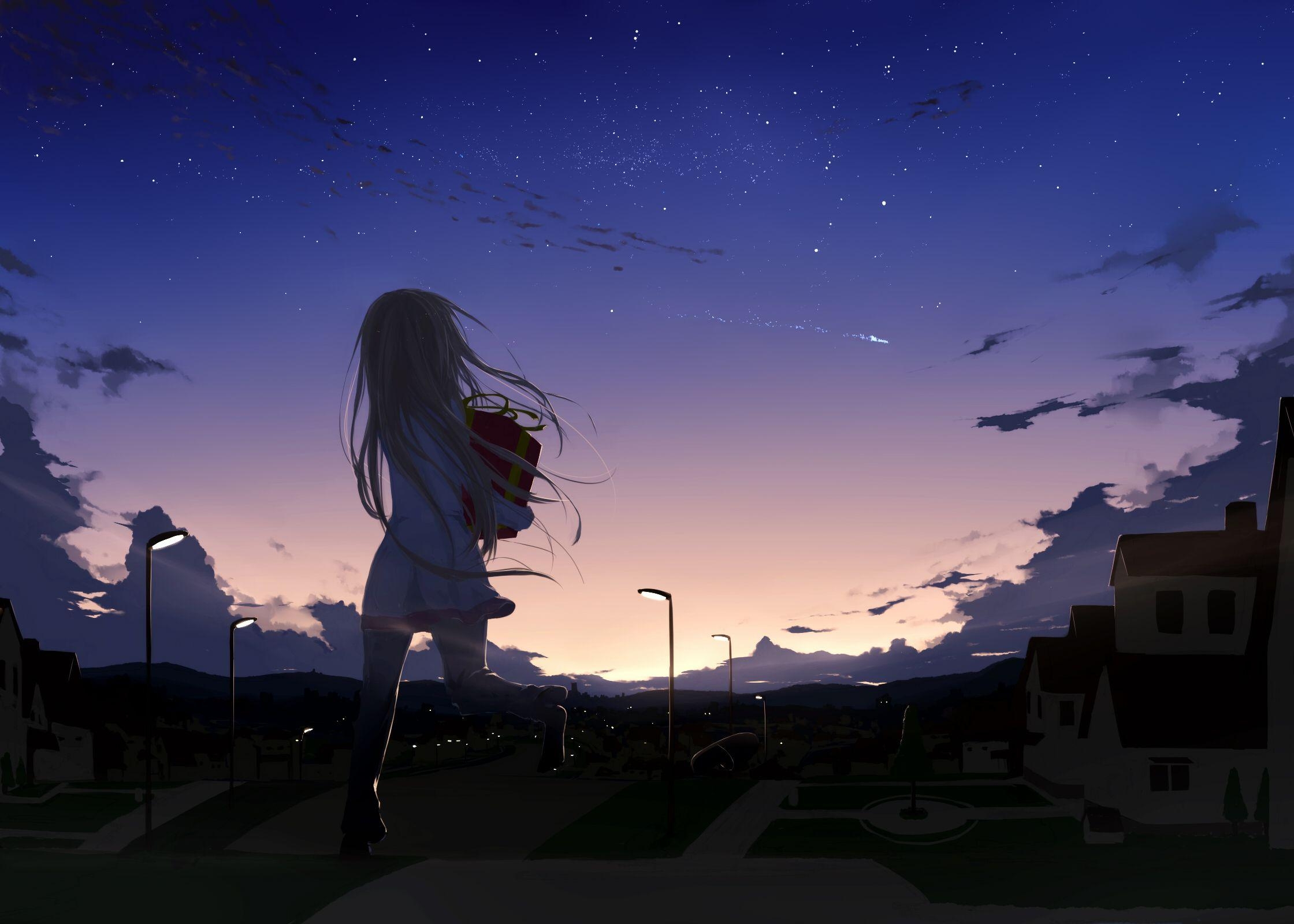 2240x1600 sky, wallpaper, city, anime, night, star, stars, long hair, original, Desktop