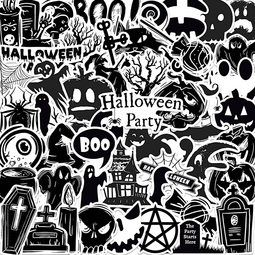 900x900 50pcs Halloween Stickers Pack Black & White Halloween Horror Stickers，Gift Bag Stickers，Horror Gifts Decor Stickers, Toys & Games, Phone