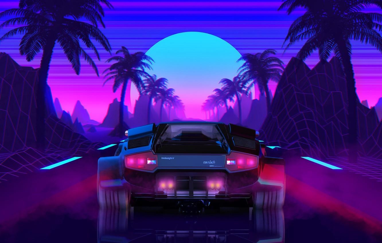 1340x850 Wallpaper The sun, Lamborghini, Background, 80s, Neon, Countach, Desktop