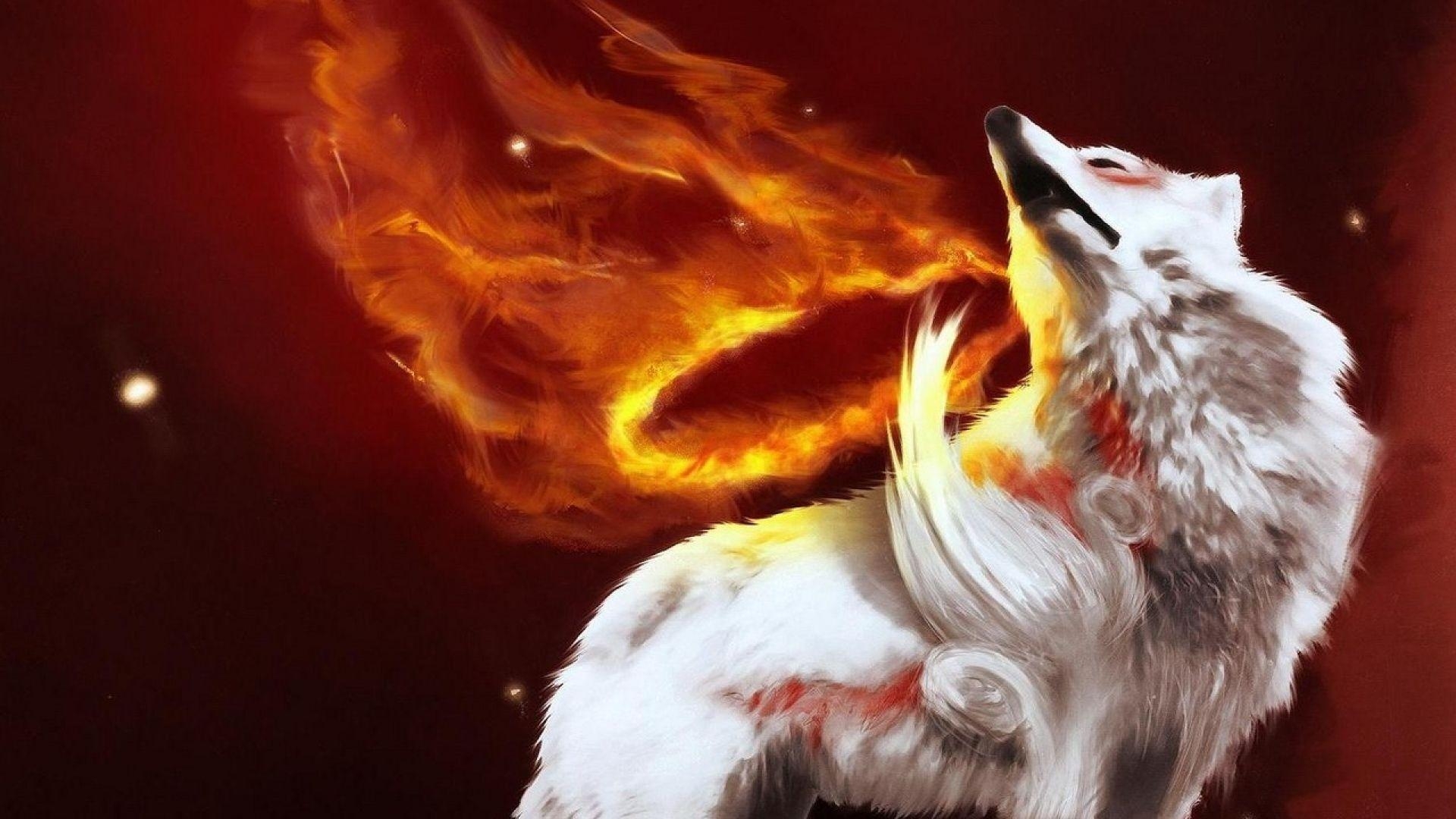 1920x1080 Download Wallpaper  Abstraction, Fire, Wolf, Gray, Light, Desktop