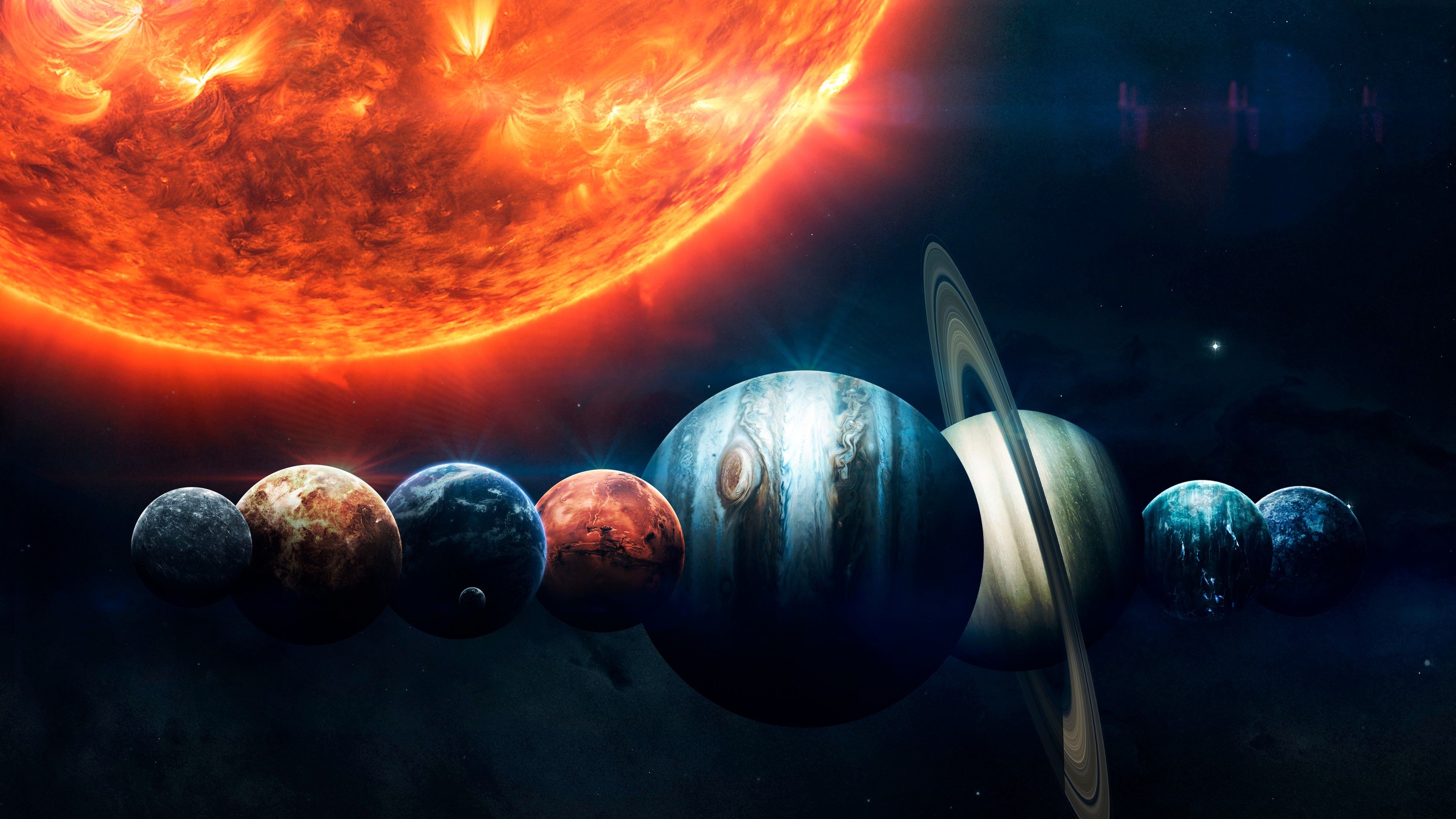 3840x2160 Solar System 4K Wallpaper, Planets, Sun, Orange, Stars, Burning, Earth, Mars, Jupiter, Red planet, Space, Desktop