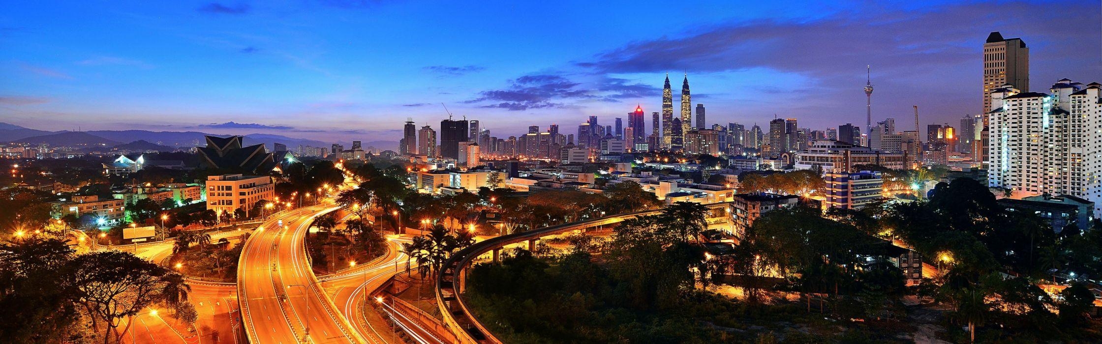 2240x700 Cityscapes highways Malaysia city lights panorama Kuala Lumpur, Dual Screen