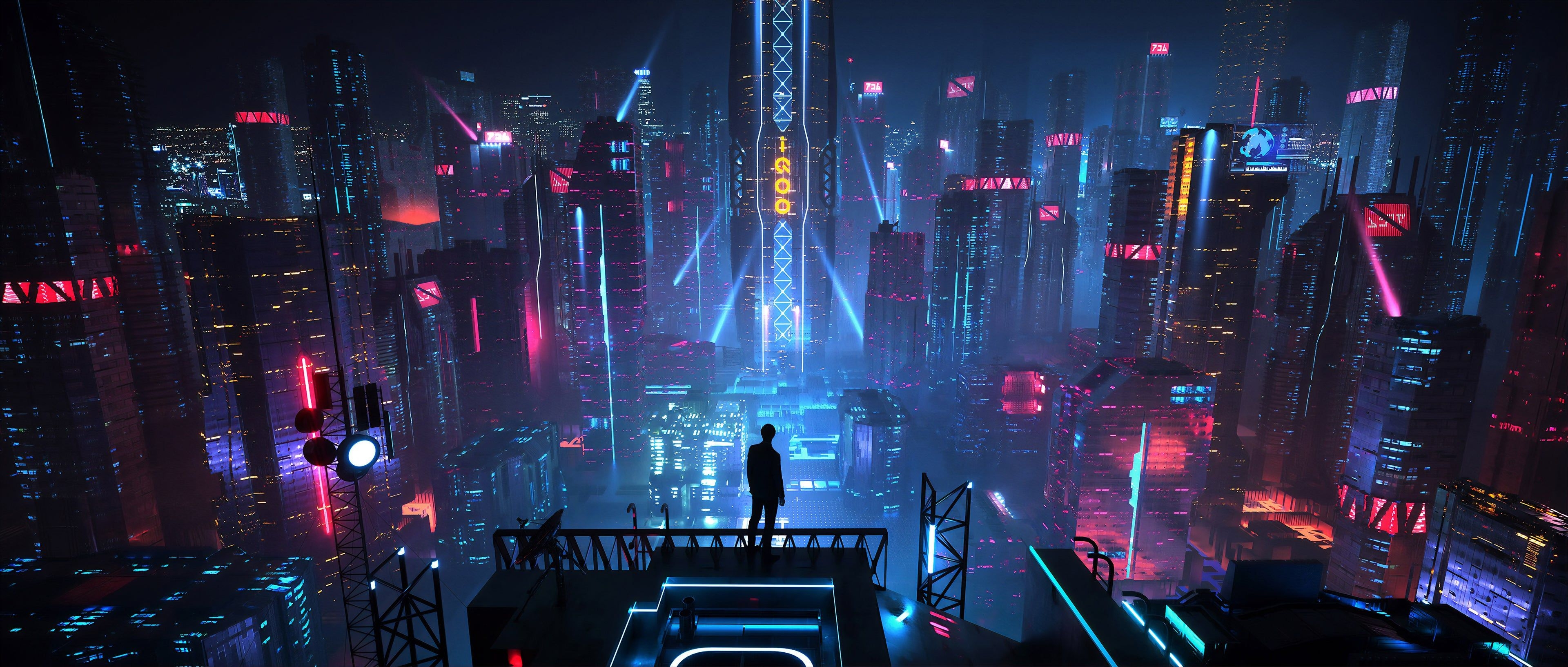 3840x1640 Cyberpunk Cityscape Wallpaper, Dual Screen