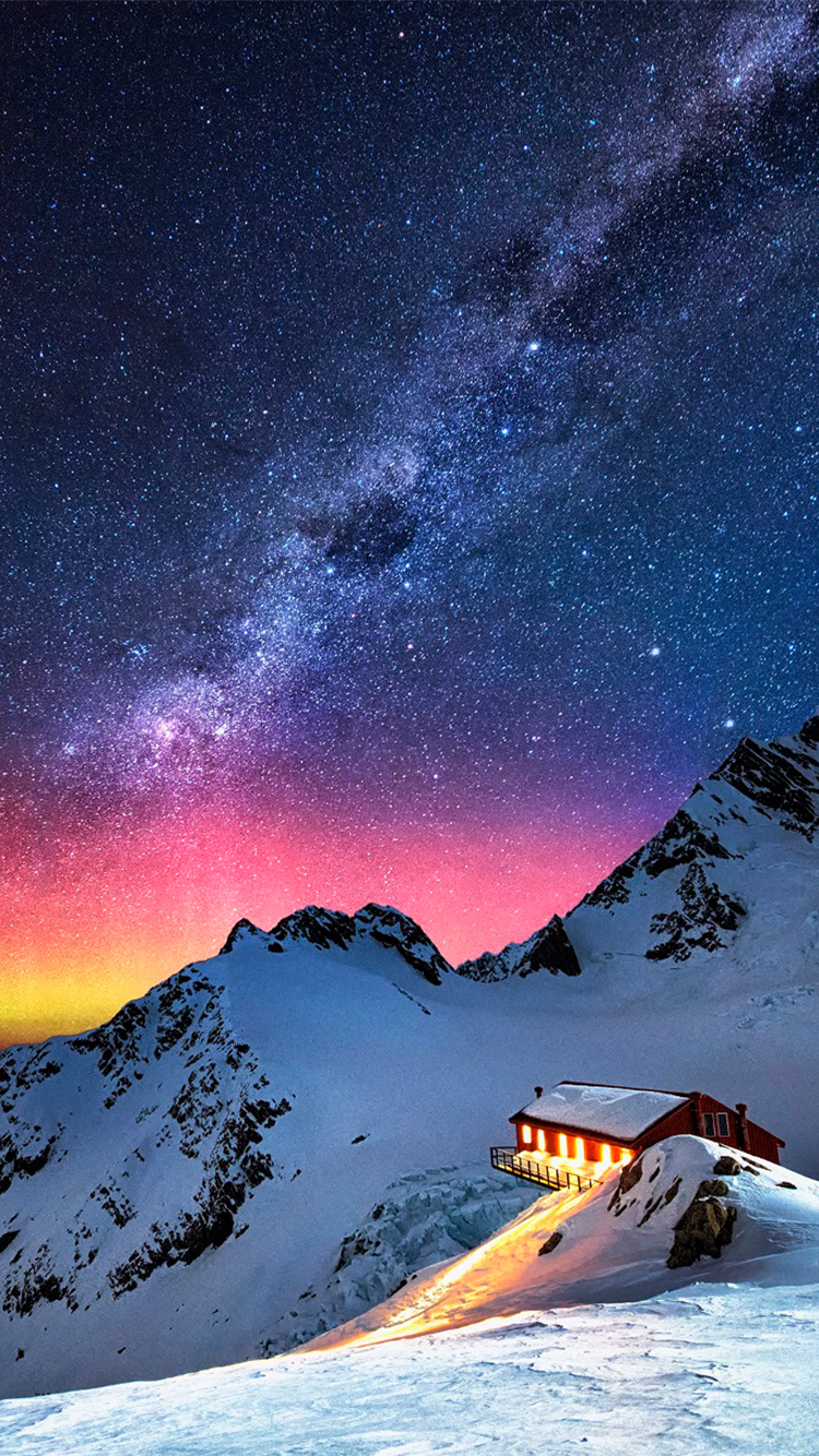 750x1340 Snow Mountain Chalet Aurora Milky Way Stars iPhone 6 Wallpaper HD, Phone