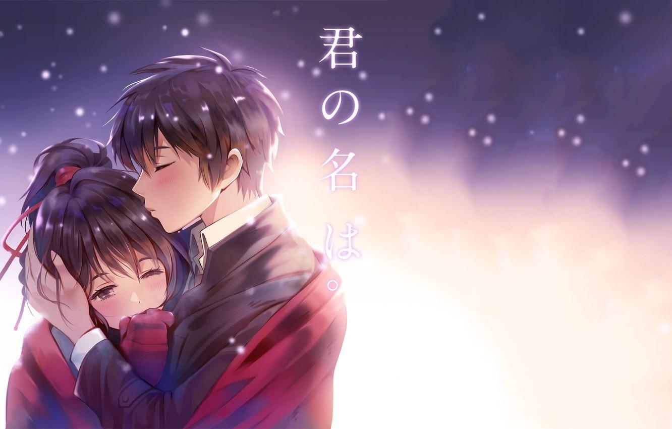 1340x850 Wallpaper love, romance, kiss, anime, art, two, Kimi no VA, Desktop