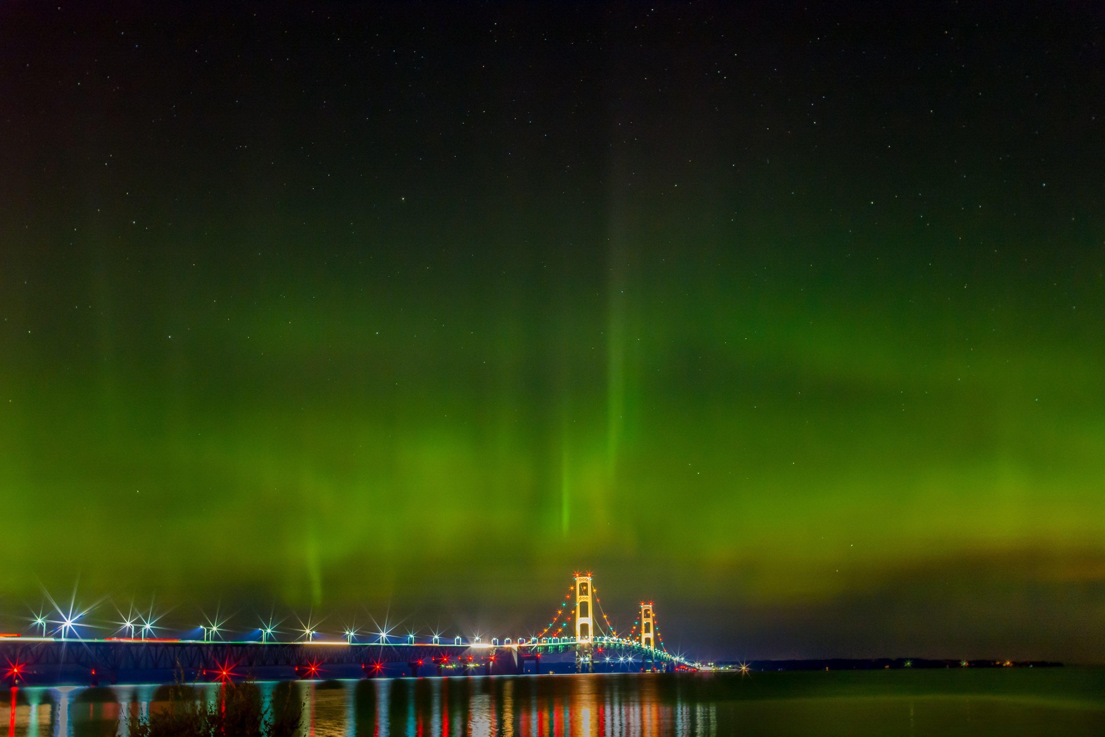 3840x2560 mackinac bridge #northern lights #michigan #lights 4k wallpaper, Desktop