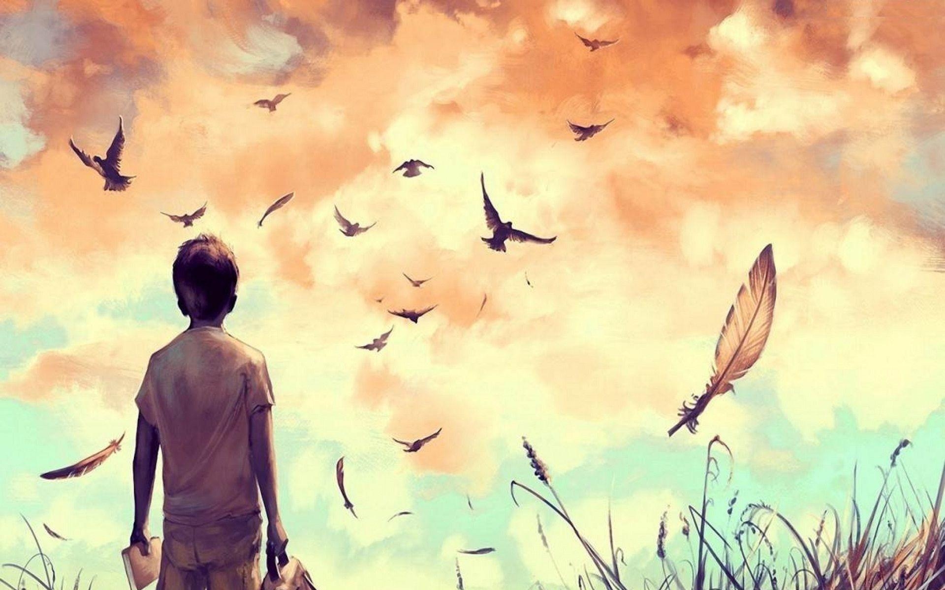 1920x1200 Alone Cartoon Boy Drawing Full HD Alone Boy And Birds Flying, Desktop