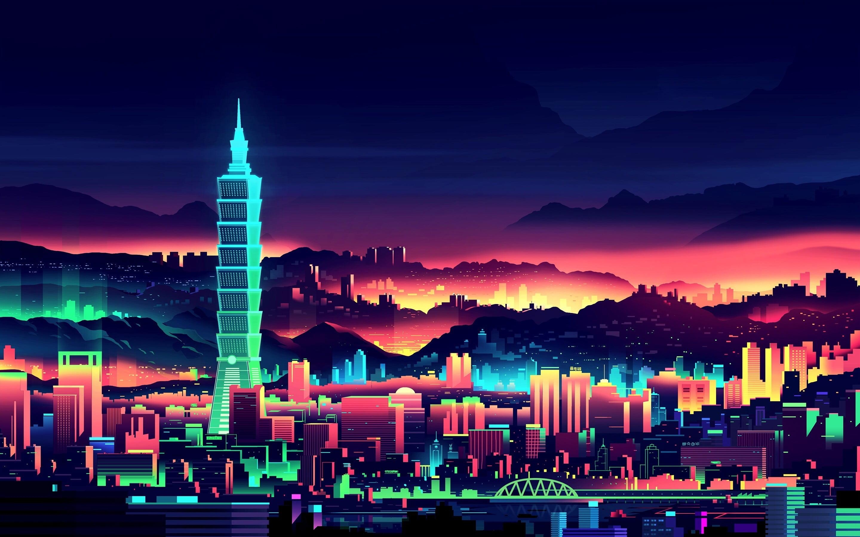 2880x1800 City pop art, neon, city, drawing HD wallpaper, Desktop