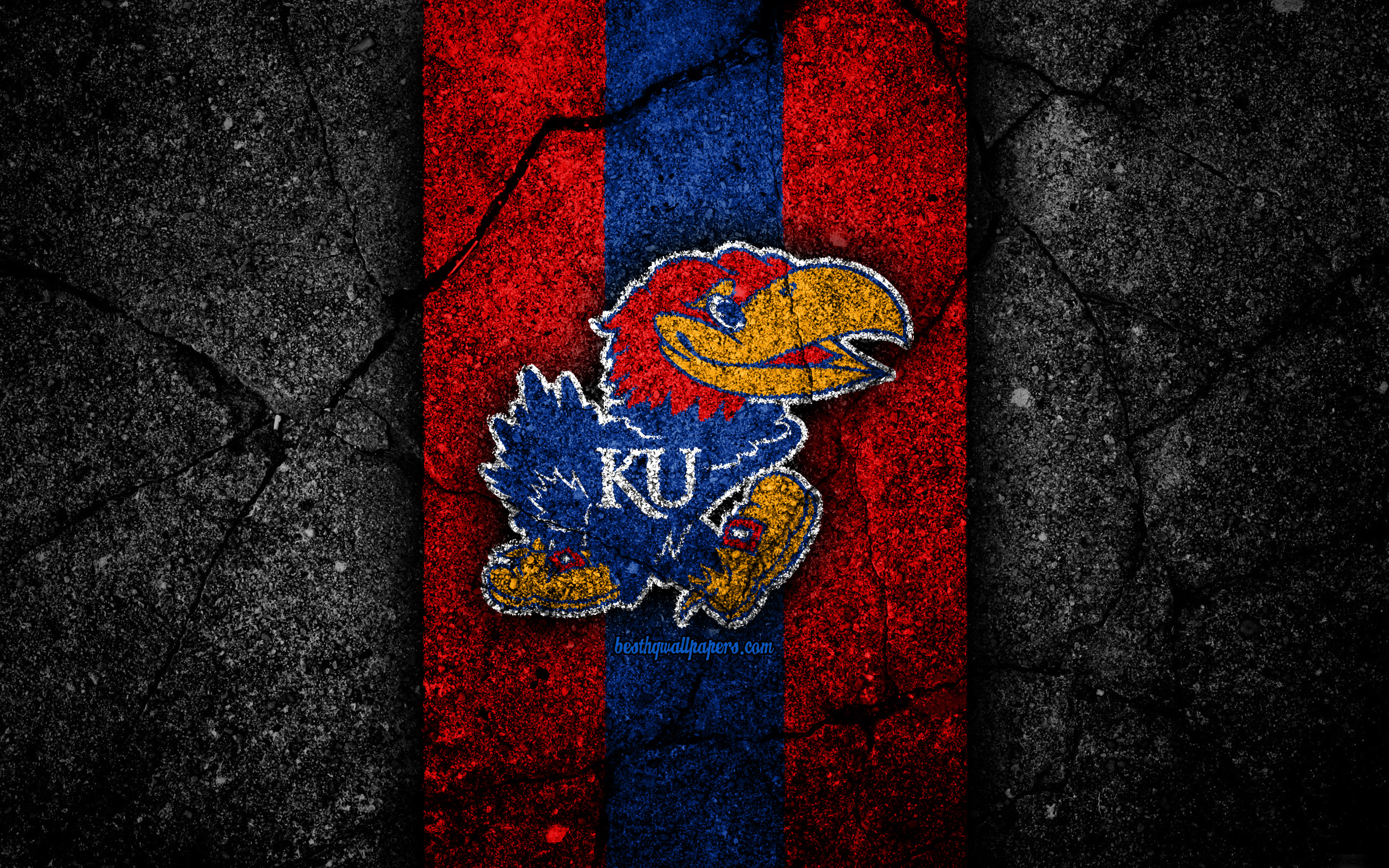 3840x2400 Download wallpaper University of Kansas Jayhawk, 4k, american football team, NCAA, red blue stone, USA, asphalt texture, american football, University of Kansas Jayhawk logo for desktop with resolution. High Quality HD, Desktop