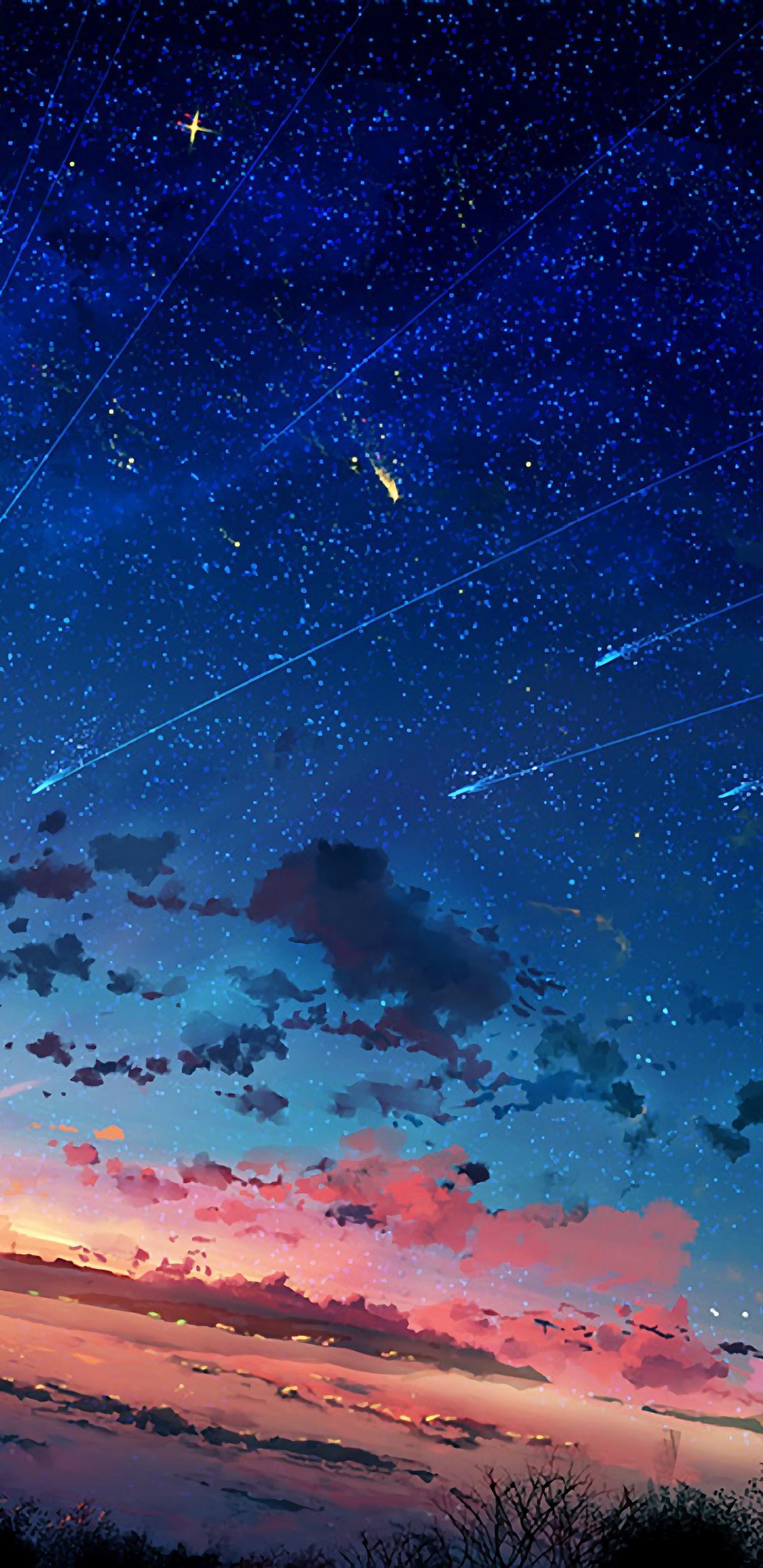 1440x2960 Anime Scenery Horizon Shooting Star Sunset 4K 3840x2160 Wallpaper, Phone