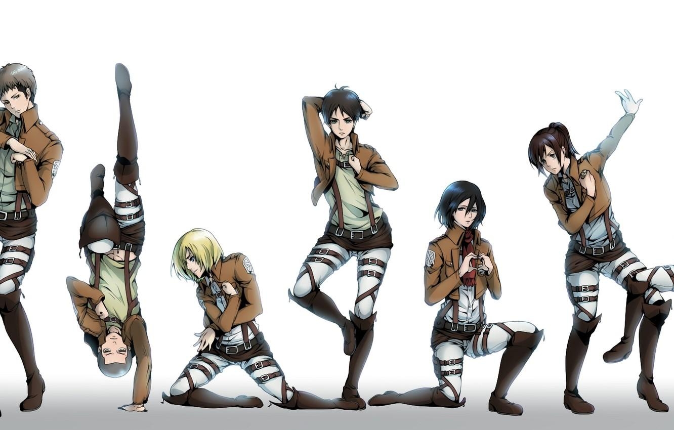 1340x850 Wallpaper girls, anime, art, guys, poses, mikasa ackerman, eren, Desktop