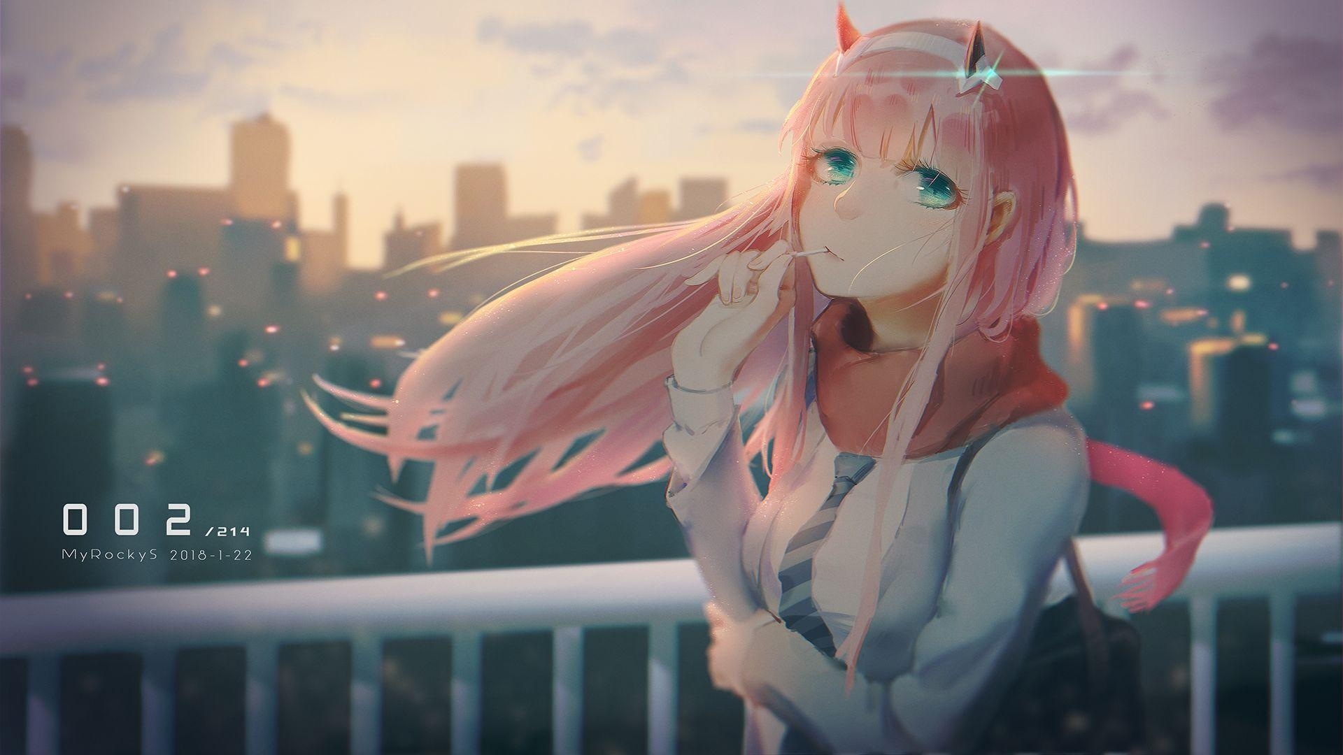 1920x1080 Wallpaper Zero Two, Darling In The Franxx, Pink Hair, Lollipop, Desktop