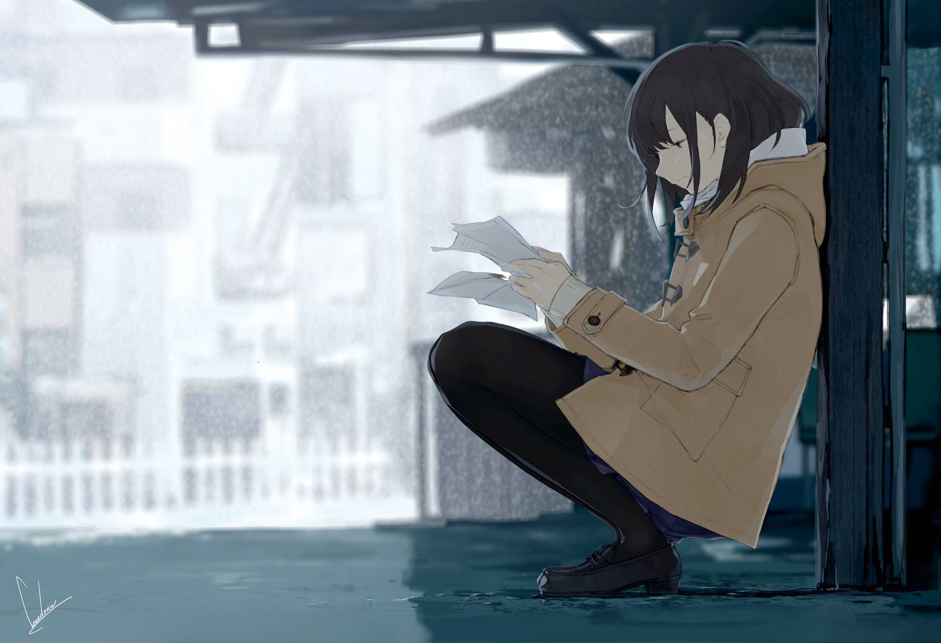 1920x1320 Download  Anime Girl, Lonely, Profile View, Coat Wallpaper, Desktop