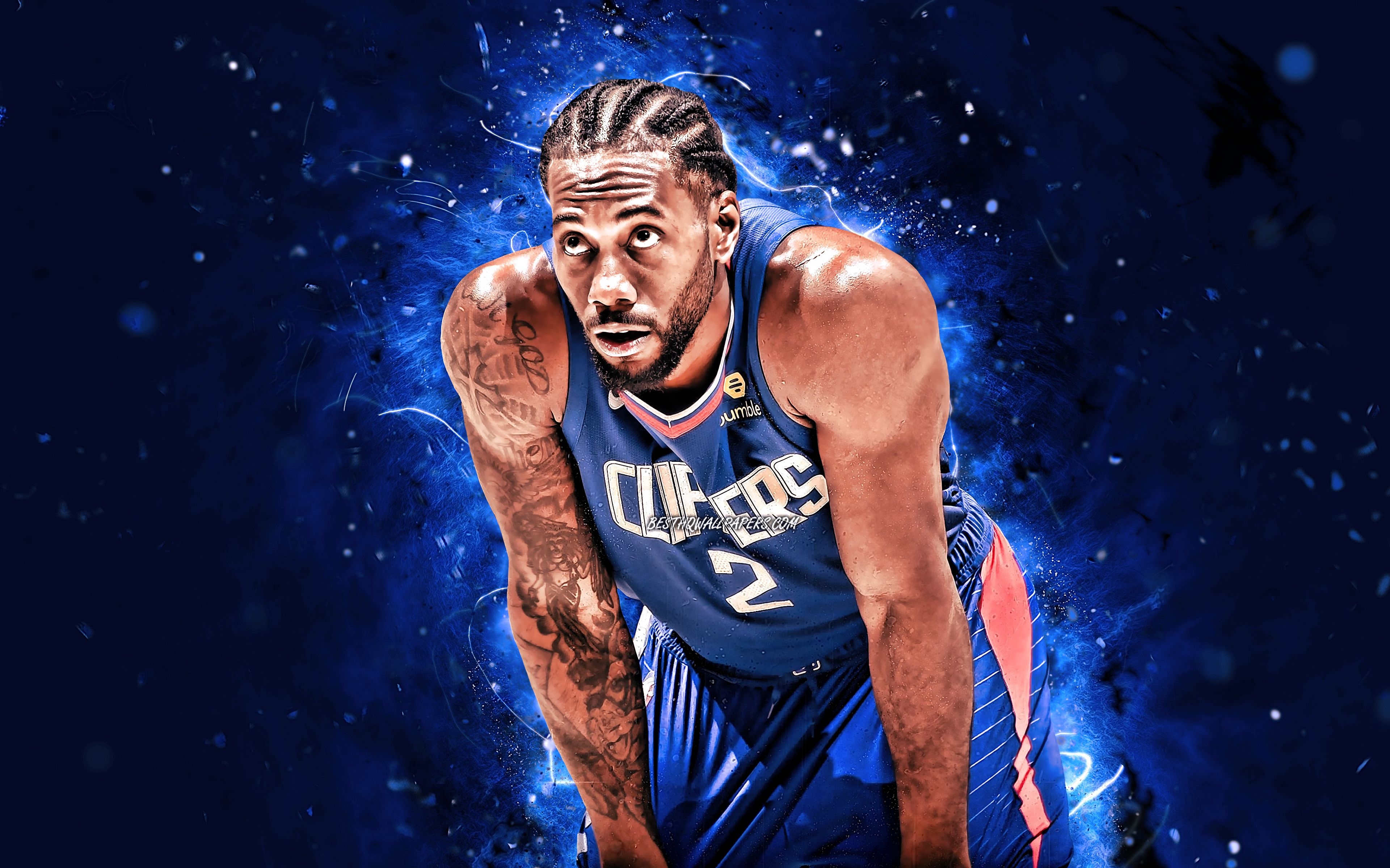 3840x2400 Download wallpaper Kawhi Leonard, 4k, Los Angeles Clippers, NBA, basketball, Kawhi Anthony Leonard, blue neon lights, USA, Kawhi Leonard Los Angeles Clippers, creative, Kawhi Leonard 4K, LA Clippers for desktop with, Desktop