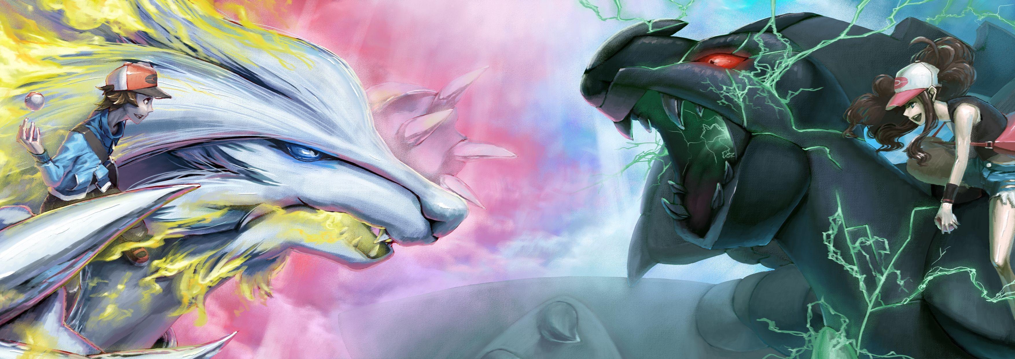 3510x1240 Reshiram Vs Zekrom HD Wallpaper, Dual Screen