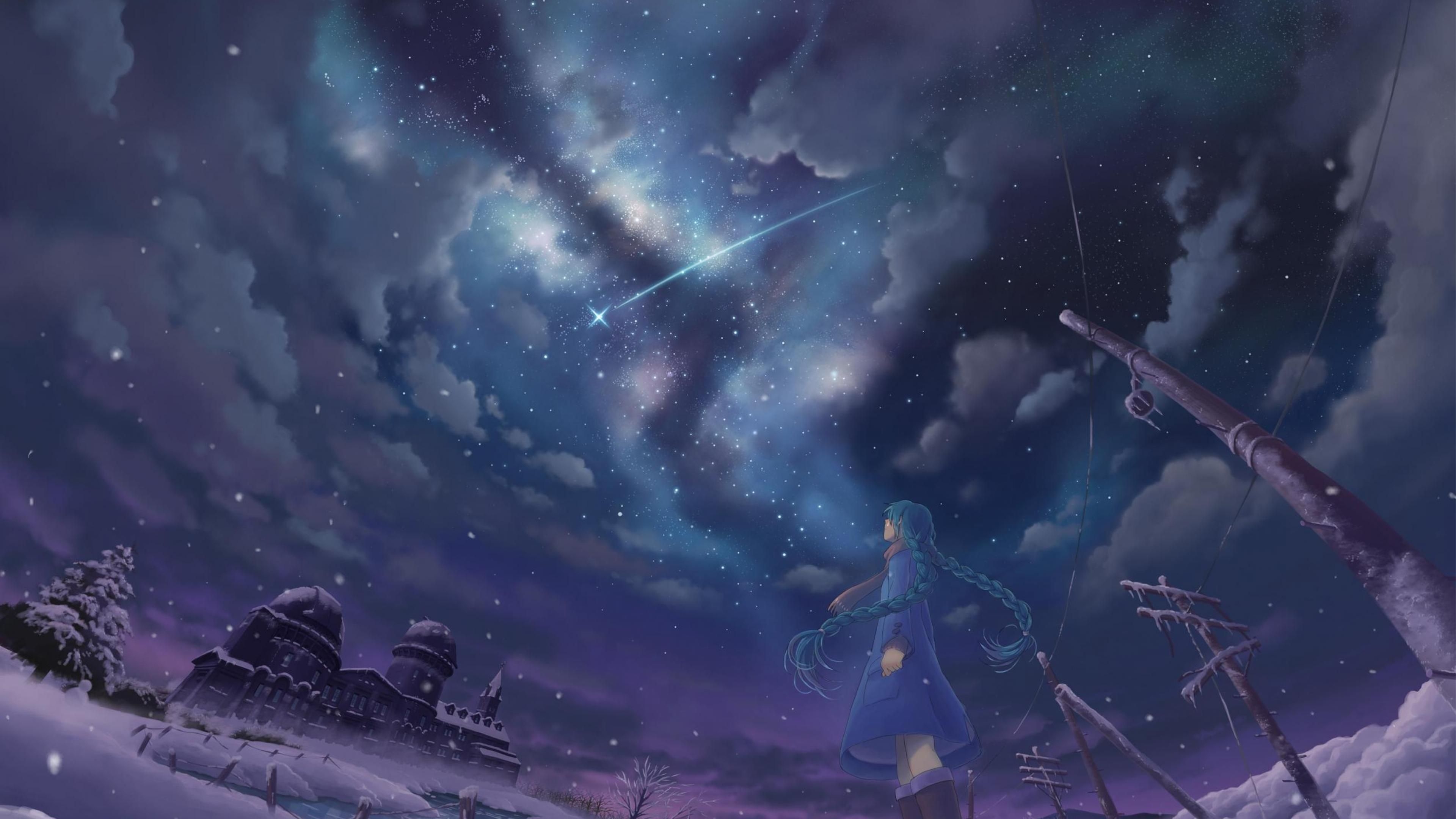 3840x2160 Free download Shooting stars Night Snow Stars Winter Anime girls, Desktop