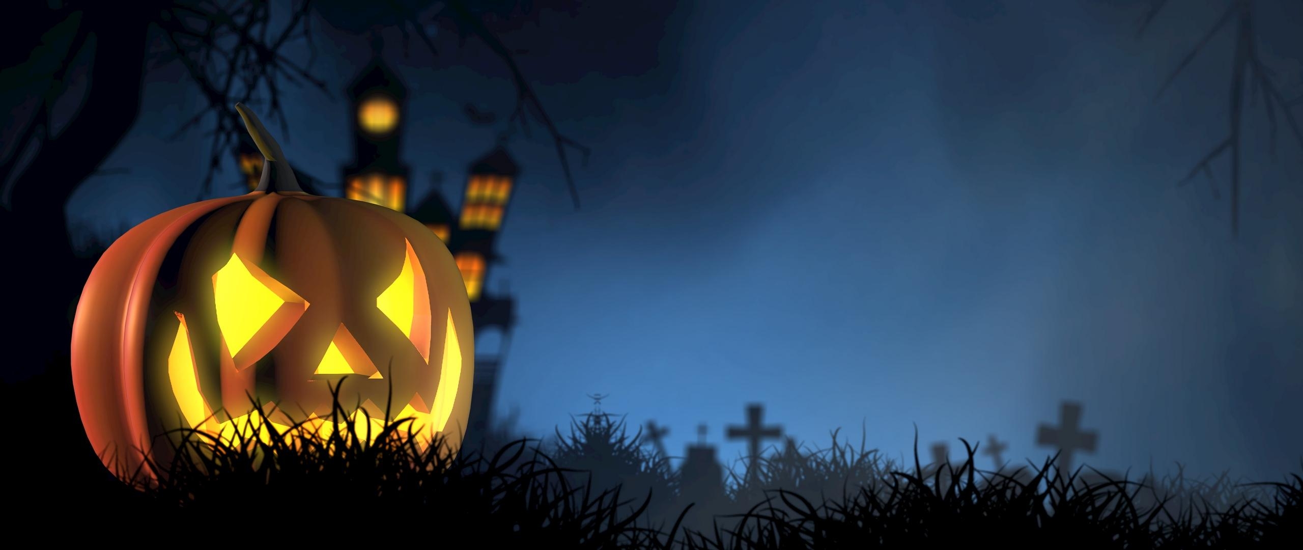 2560x1080 Download wallpaper  halloween, pumpkin, spooky, Dual Screen