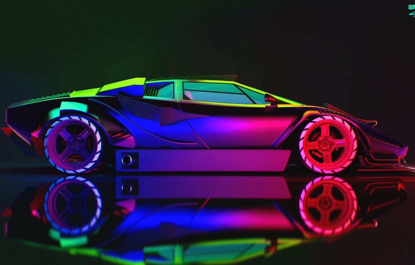 1340x850 Wallpaper Auto, Lamborghini, Neon, Machine, Car, Art, Neon, Countach, Rendering, Concept Art, Lamborghini Countach, Side view, Cyberpunk Cyber, Cyberpunk - for desktop, section рендеринг, Desktop