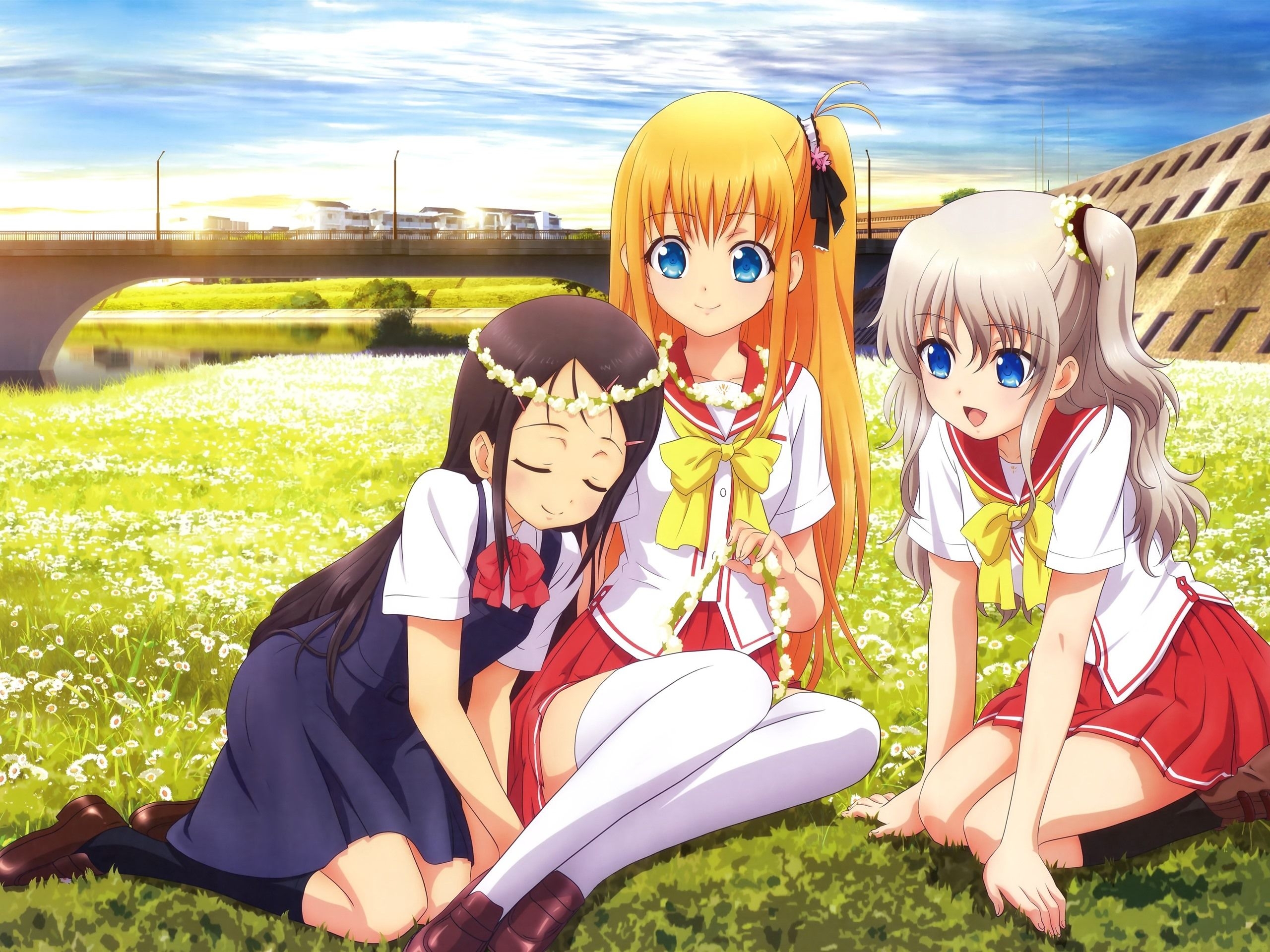 2560x1920 Wallpaper Three anime girls, friends, meadow 3840x2160 UHD 4K Picture, Image, Desktop