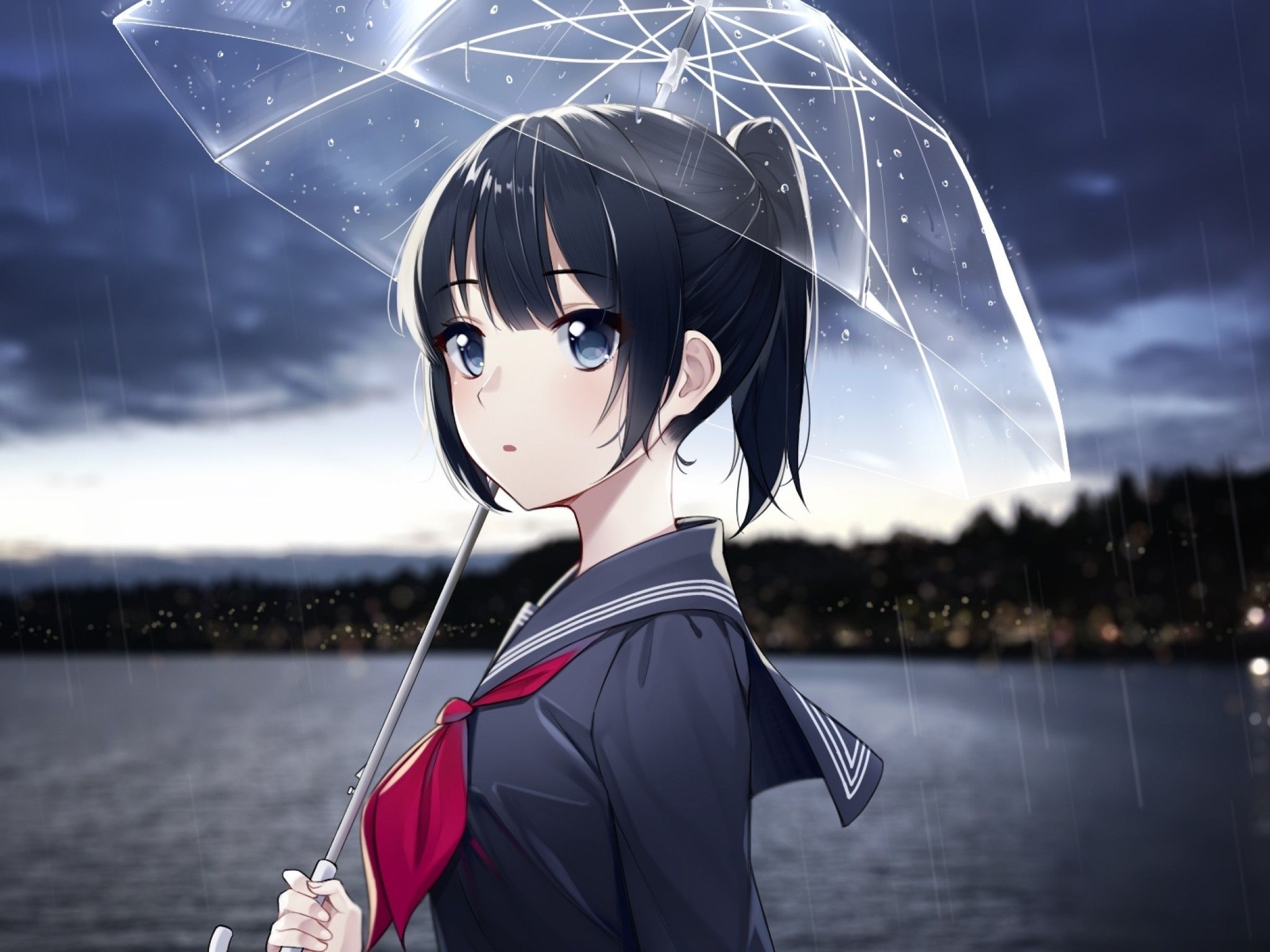 2050x1540 Download  Anime Girl, Raining, Umbrella, Black Hair, Ponytail, Profile View Wallpaper for Ainol Novo 9 Spark, Desktop