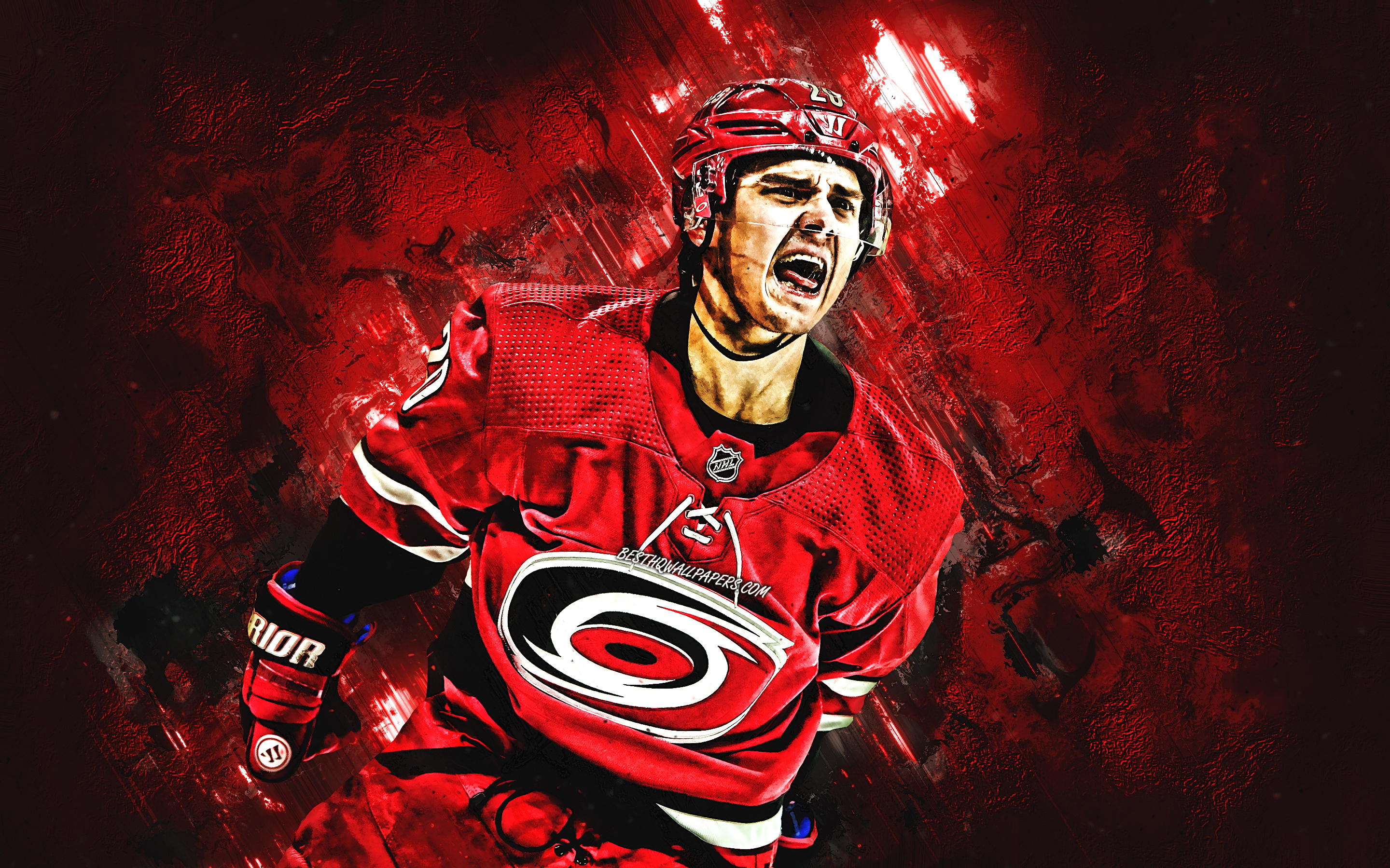 2880x1800 Download wallpaper Sebastian Aho, Carolina Hurricanes, NHL, Finnish hockey player, portrait, red stone background, hockey for desktop with resolution. High Quality HD picture wallpaper, Desktop