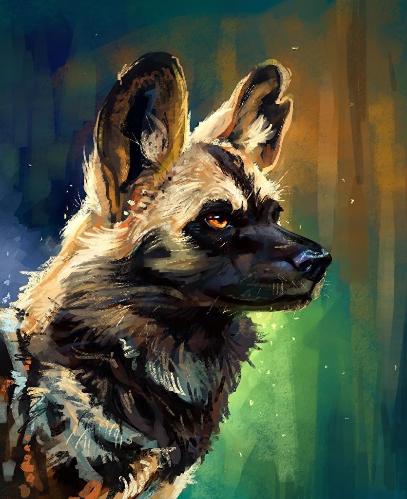 840x1030 Image African wild dog Hyenic dog Head Animals Painting Art, Phone