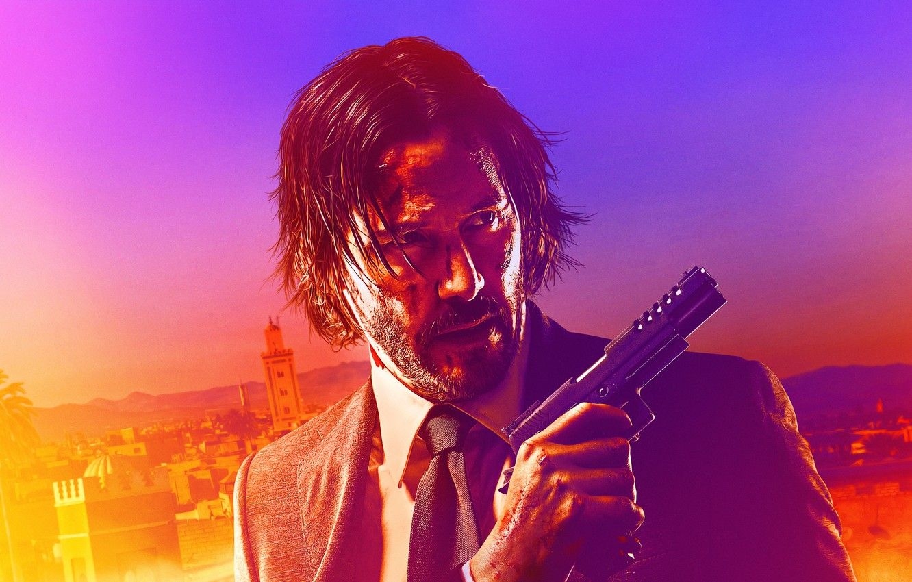 1340x850 Wallpaper gun, background, portrait, costume, action, poster, Keanu Reeves, Keanu Reeves, John Wick, John Wick: Chapter 3, John Wick - for desktop, section фильмы, Desktop