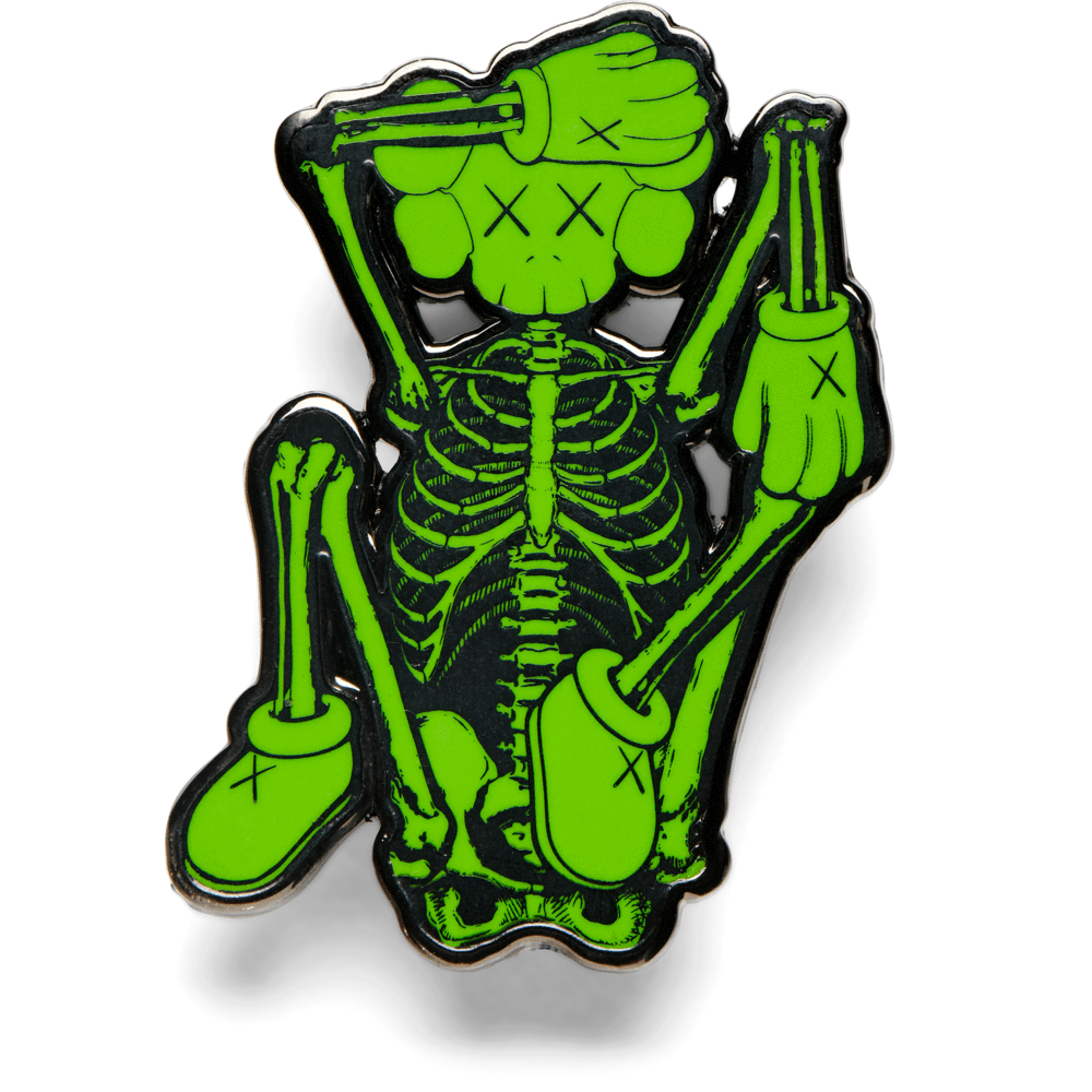 1000x1000 KAWS x NGV skeleton pin (Green), 2019. Green enamel, Enamel pins, Skeleton tattoos, Phone