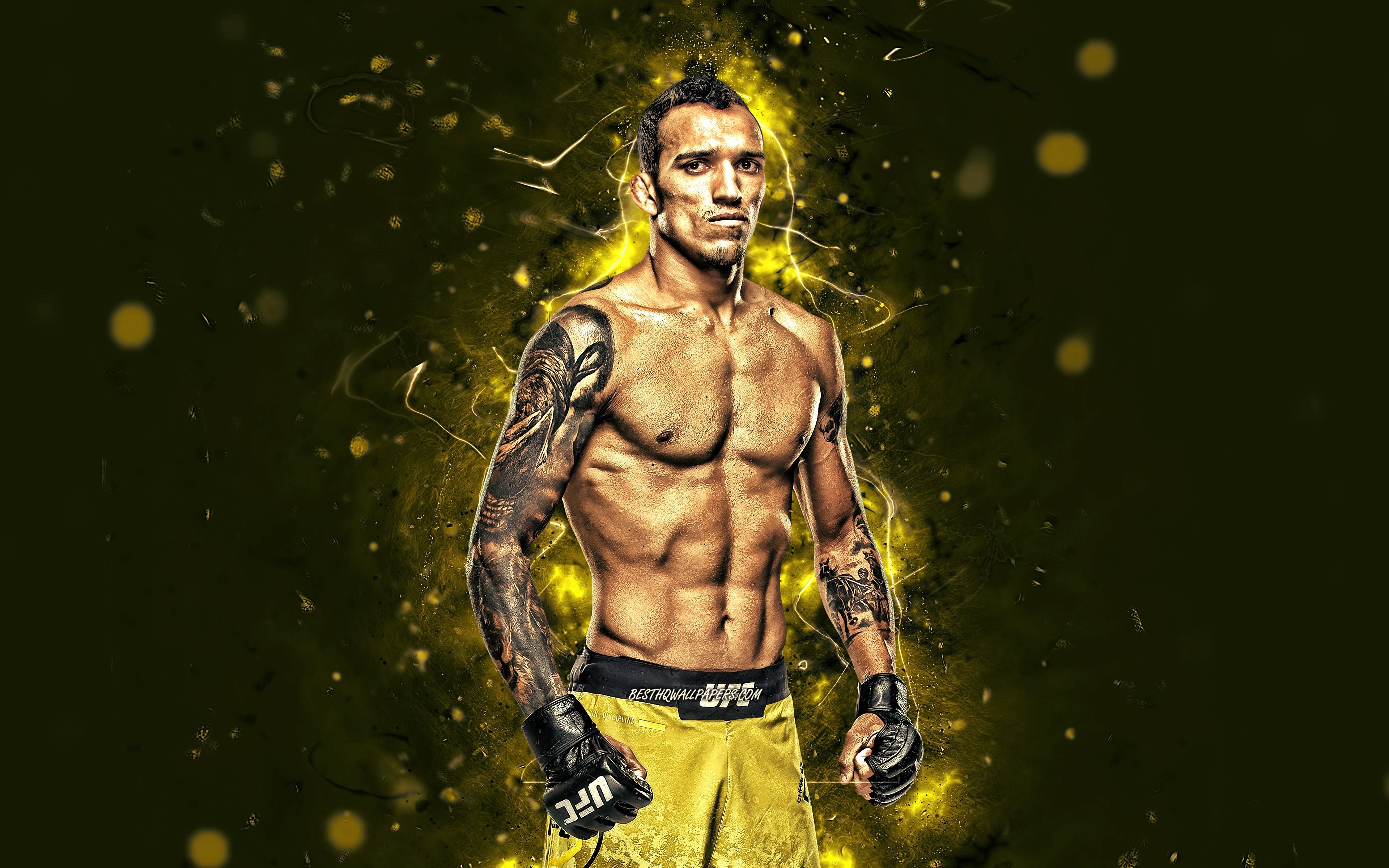 3840x2400 Download wallpaper Charles Oliveira, 4k, yellow neon lights, Brazilian fighters, MMA, UFC, female fighters, Mixed martial arts, Charles Oliveira 4K, UFC fighters, MMA fighters, Charles Oliveira da Silva for desktop with resolution, Desktop