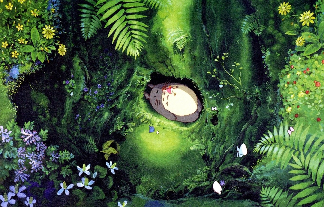 1340x850 Wallpaper forest, leaves, flowers, Nora, girl, lies, Hayao Miyazaki, Hayao Miyazaki, Tonari no Totoro, my neighbor Totoro image for desktop, section арт, Desktop