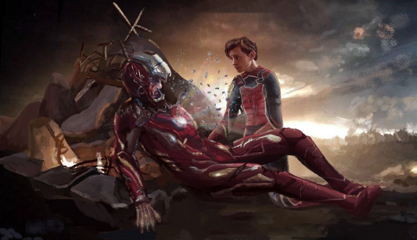 1340x770 Iron Man and Spiderman Last Scene Art HD Laptop Wallpaper, Desktop