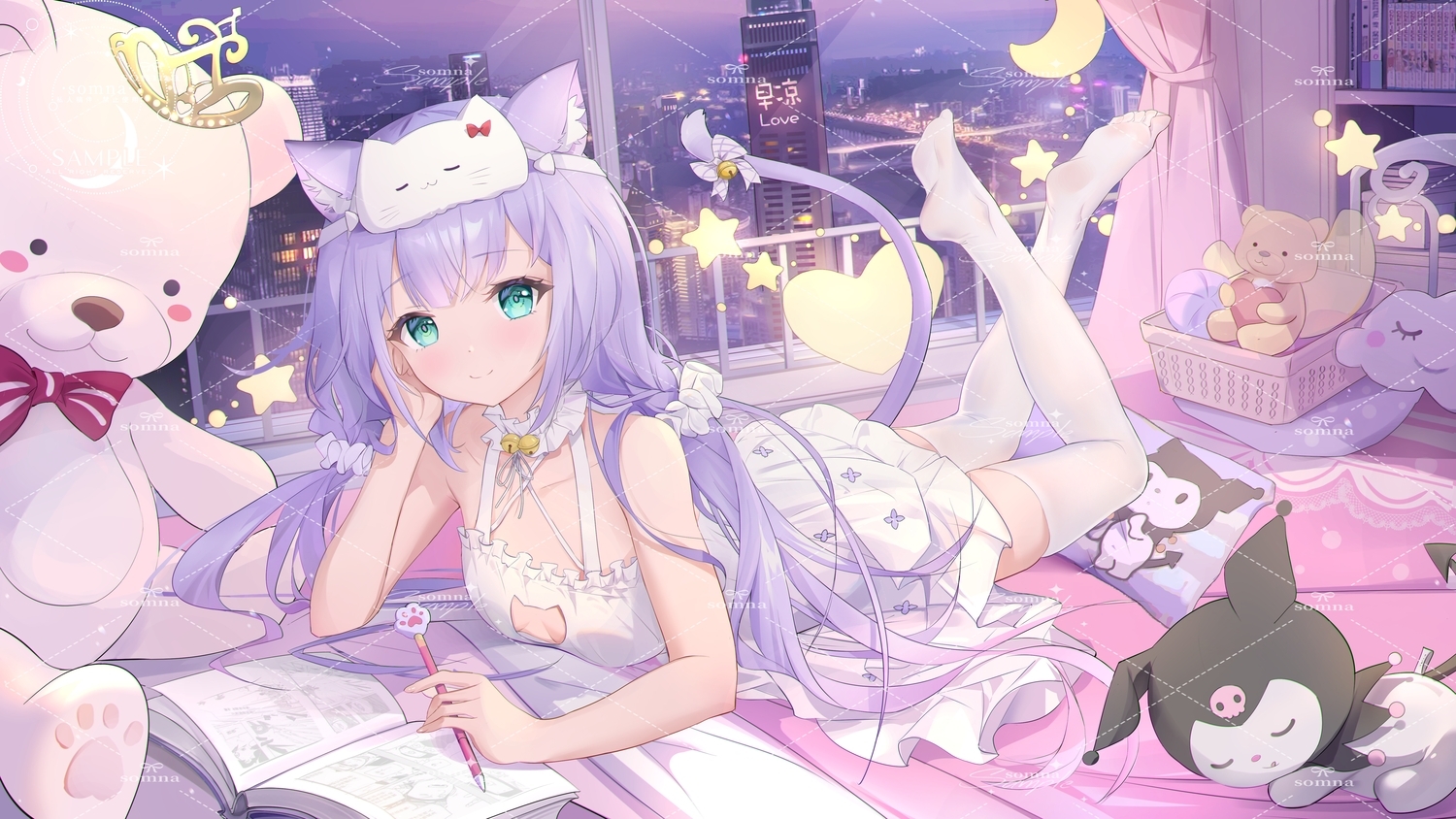 1500x850 animal ears bed bell book bow braids building catgirl city dress green eyes kuromi mask night pajamas purple hair sanrio sky somna tail teddy bear thighhighs watermark. konachan.com.com Anime, Desktop