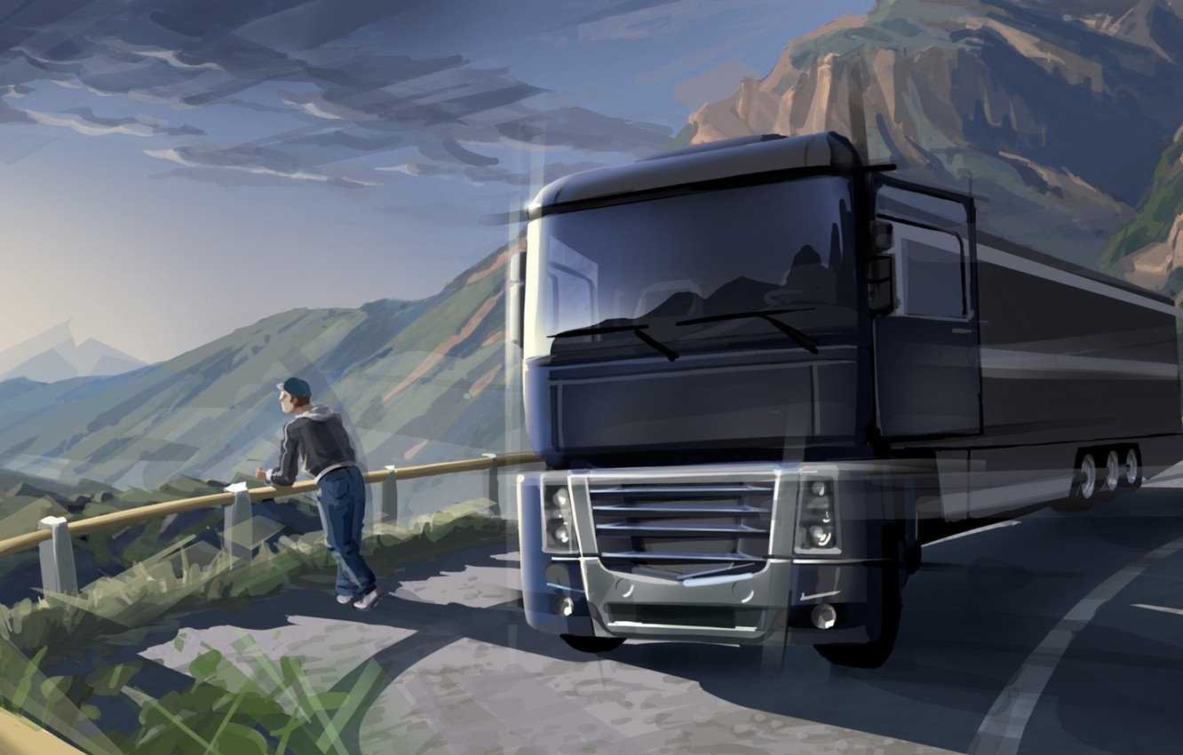 1340x850 Wallpaper road, markup, stay, art, van, car, painting, nature, trailer, tractor, cargo, the truck, contemplation, mountains., euro truck, trucker image for desktop, section живопись, Desktop