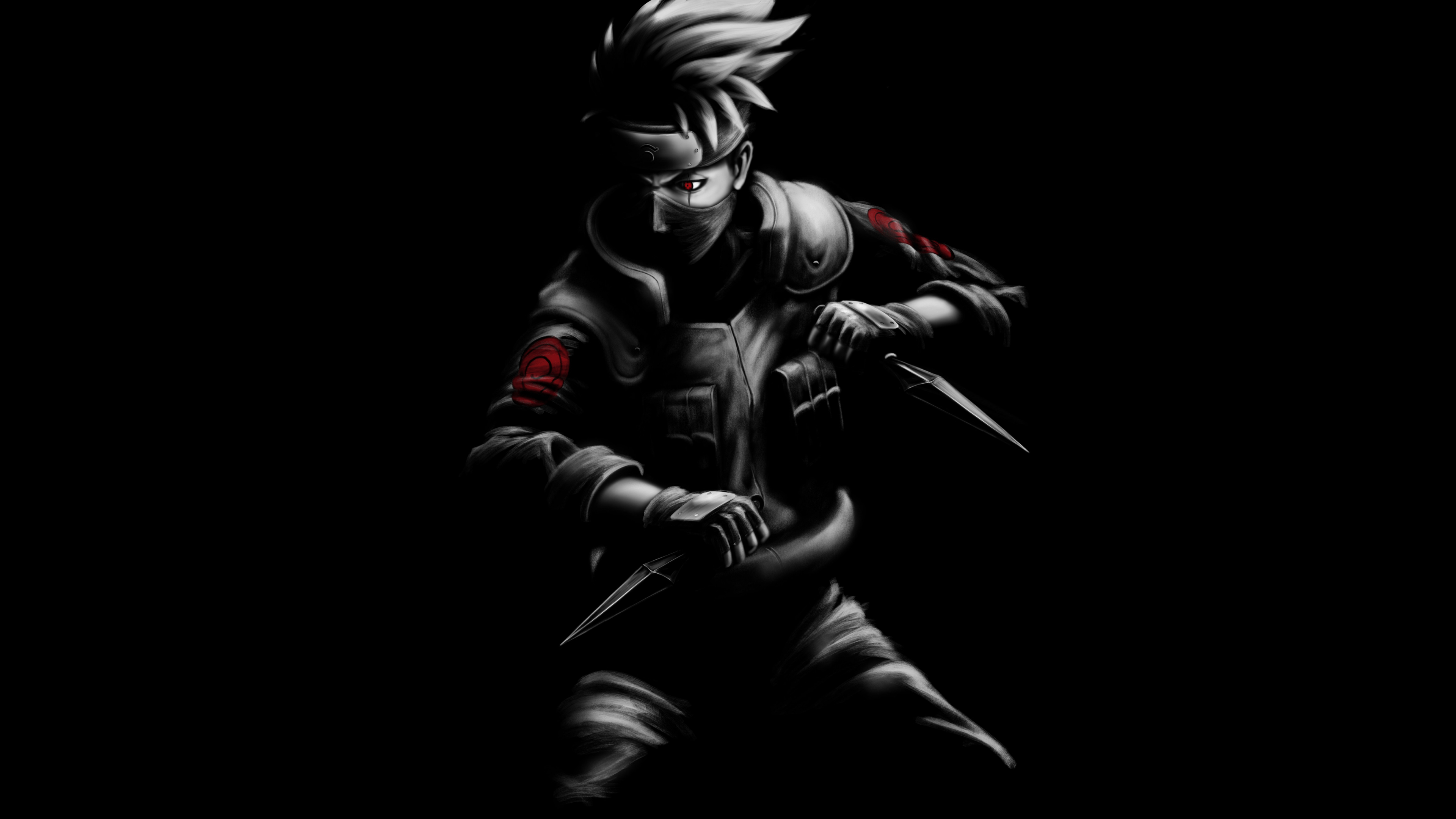 3840x2160 Wallpaper Kakashi, Naruto, Fan art, Black, Dark background, Desktop