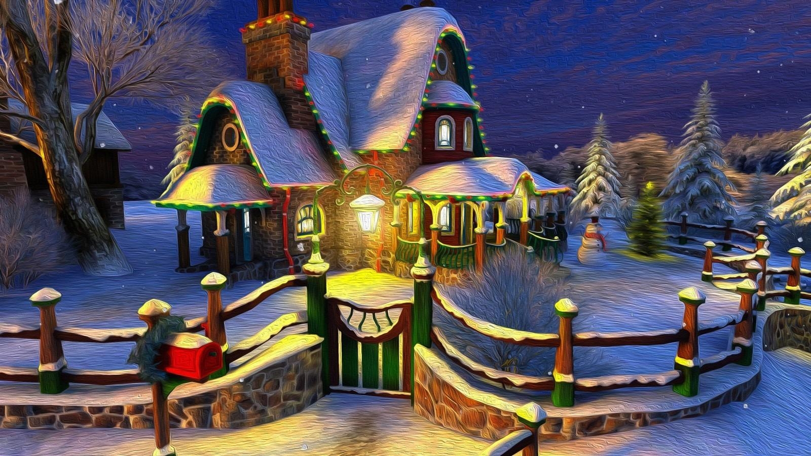 1600x900 Download  Cozy House, Christmas Door, Fence, Snow, Desktop