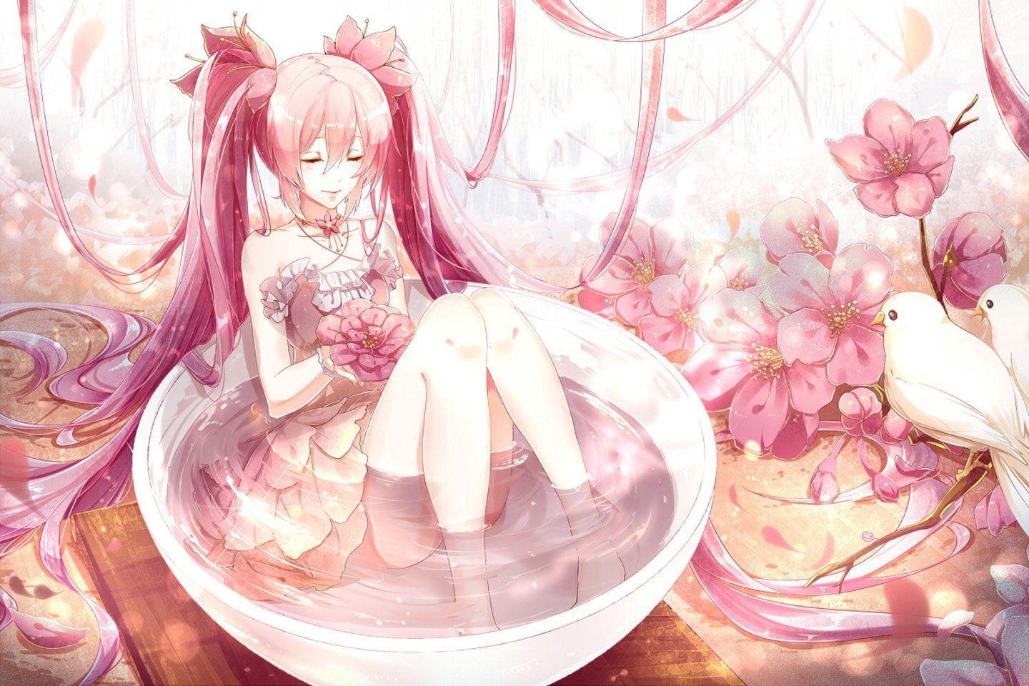 1440x960 Dress flowers hatsune miku long hair petals phino (jinko0094) pink, Desktop